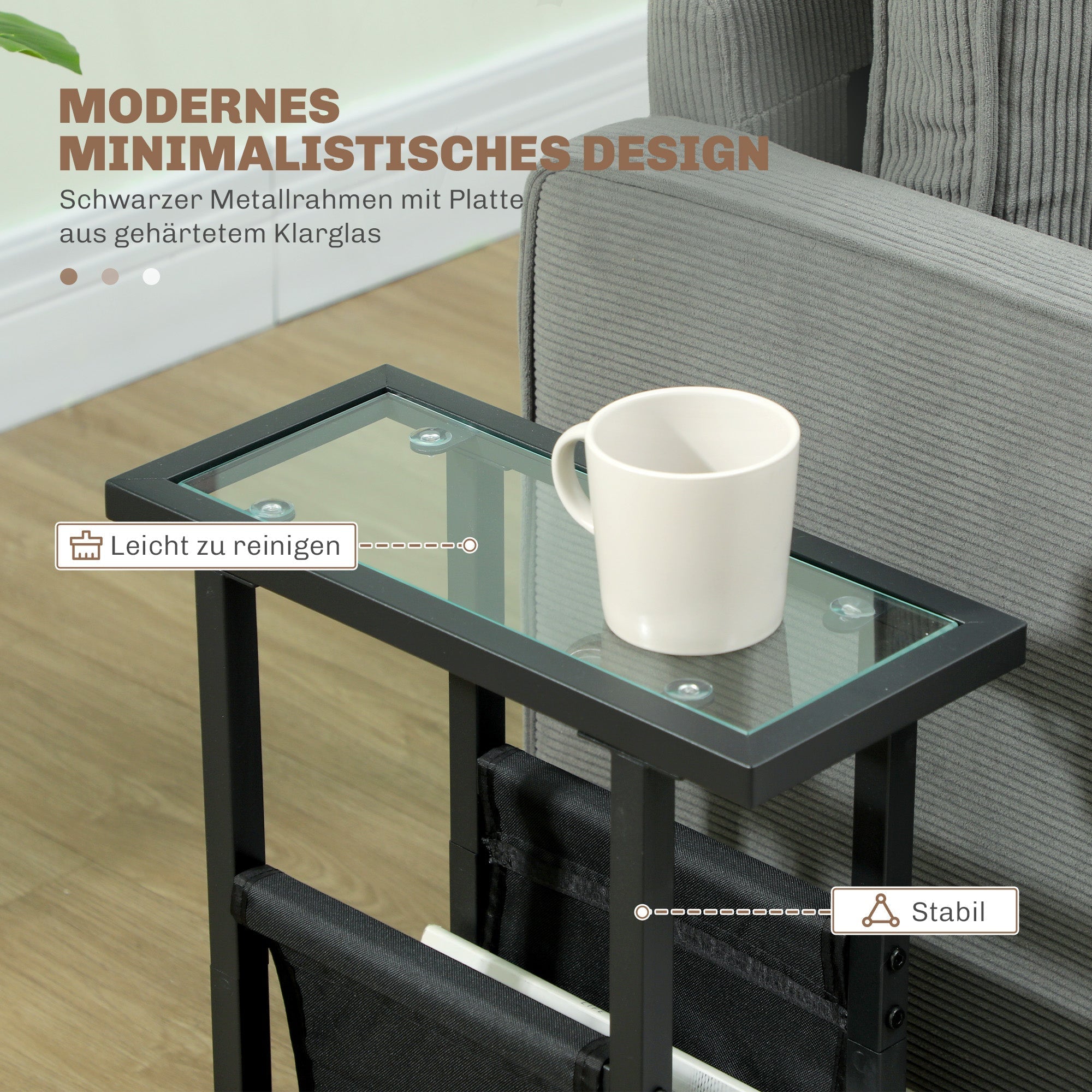 Side Table Coffee Table with Fabric Bag, Glass Top, Metal, Black