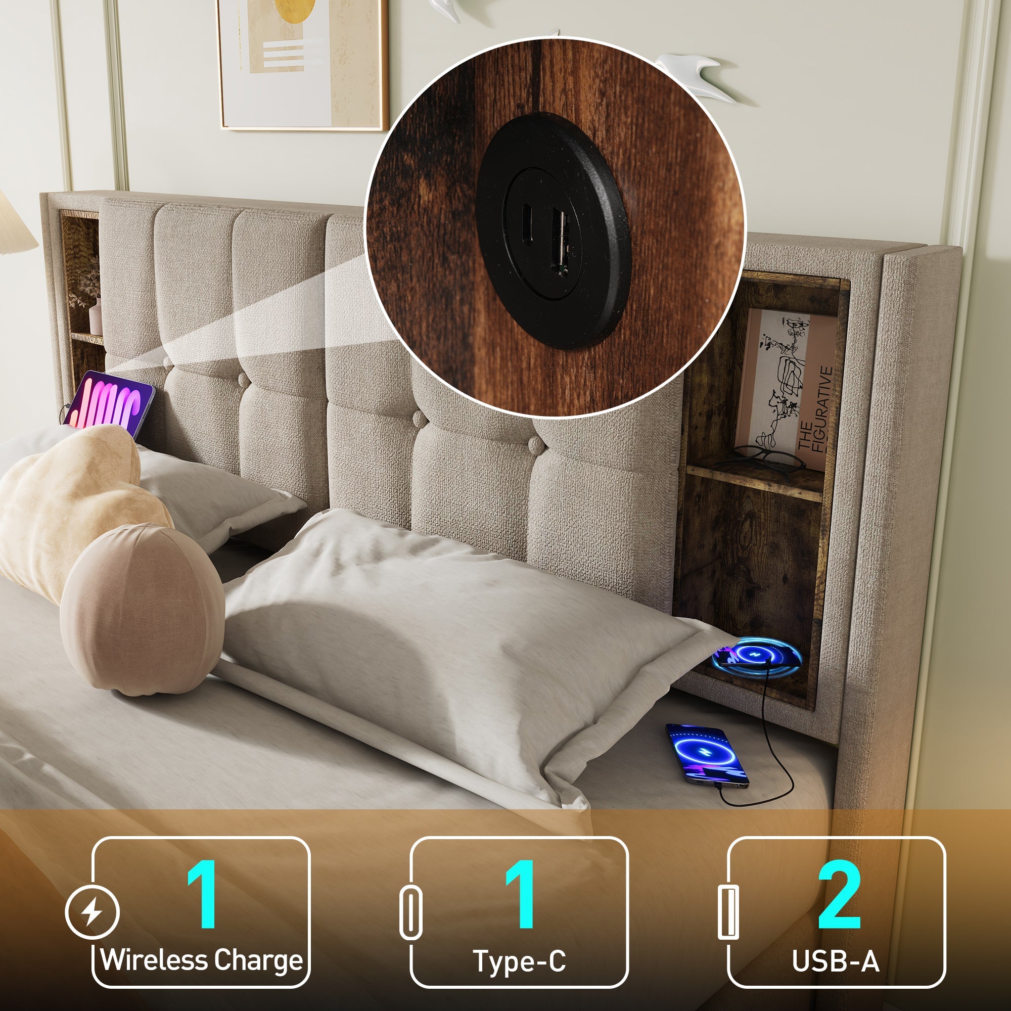 Double Bed with Wireless Charging USB C, 160x200cm, Storage, Natural Linen