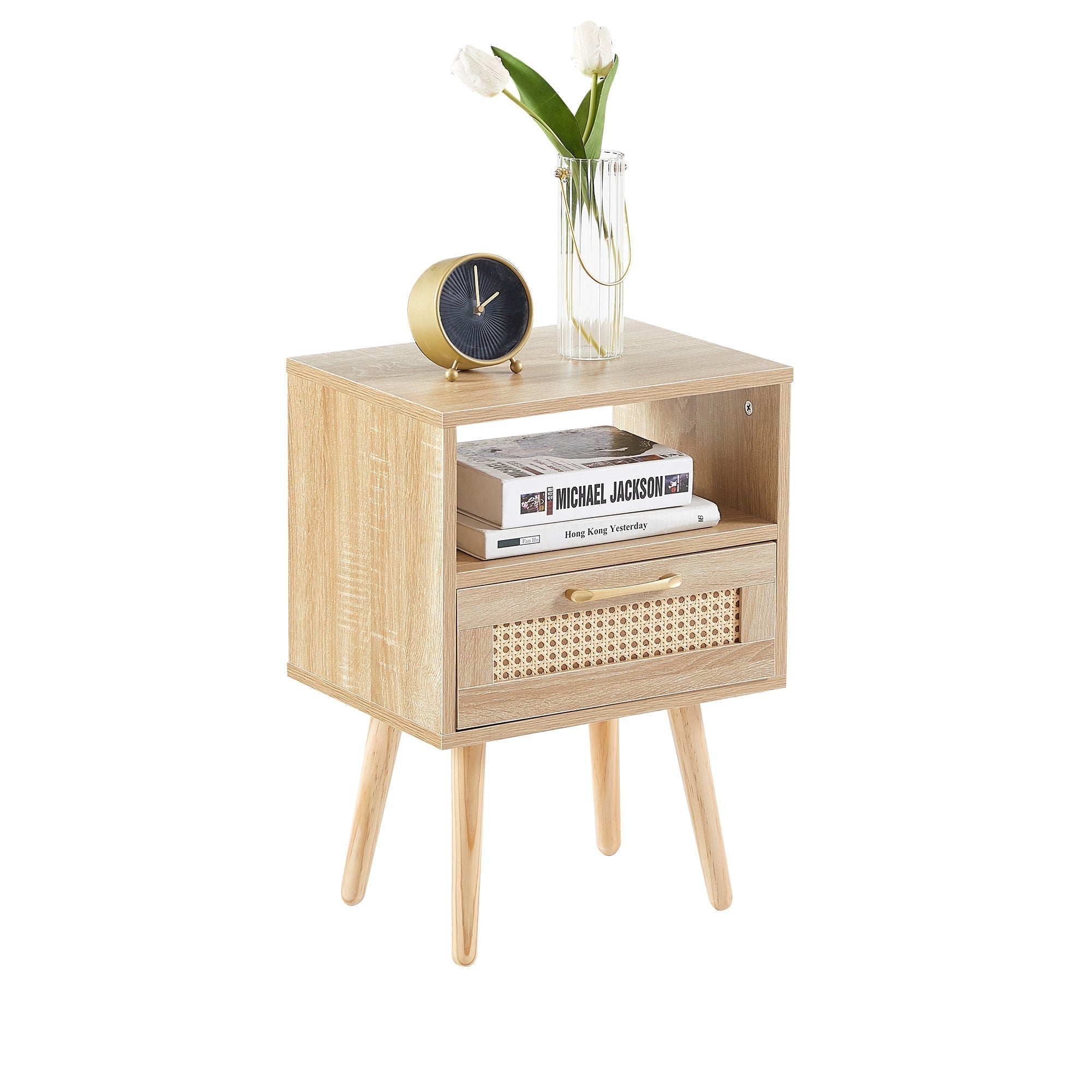 Rattan Side Table Drawer Solid Wood Legs Modern Bedside Natural Wood Look
