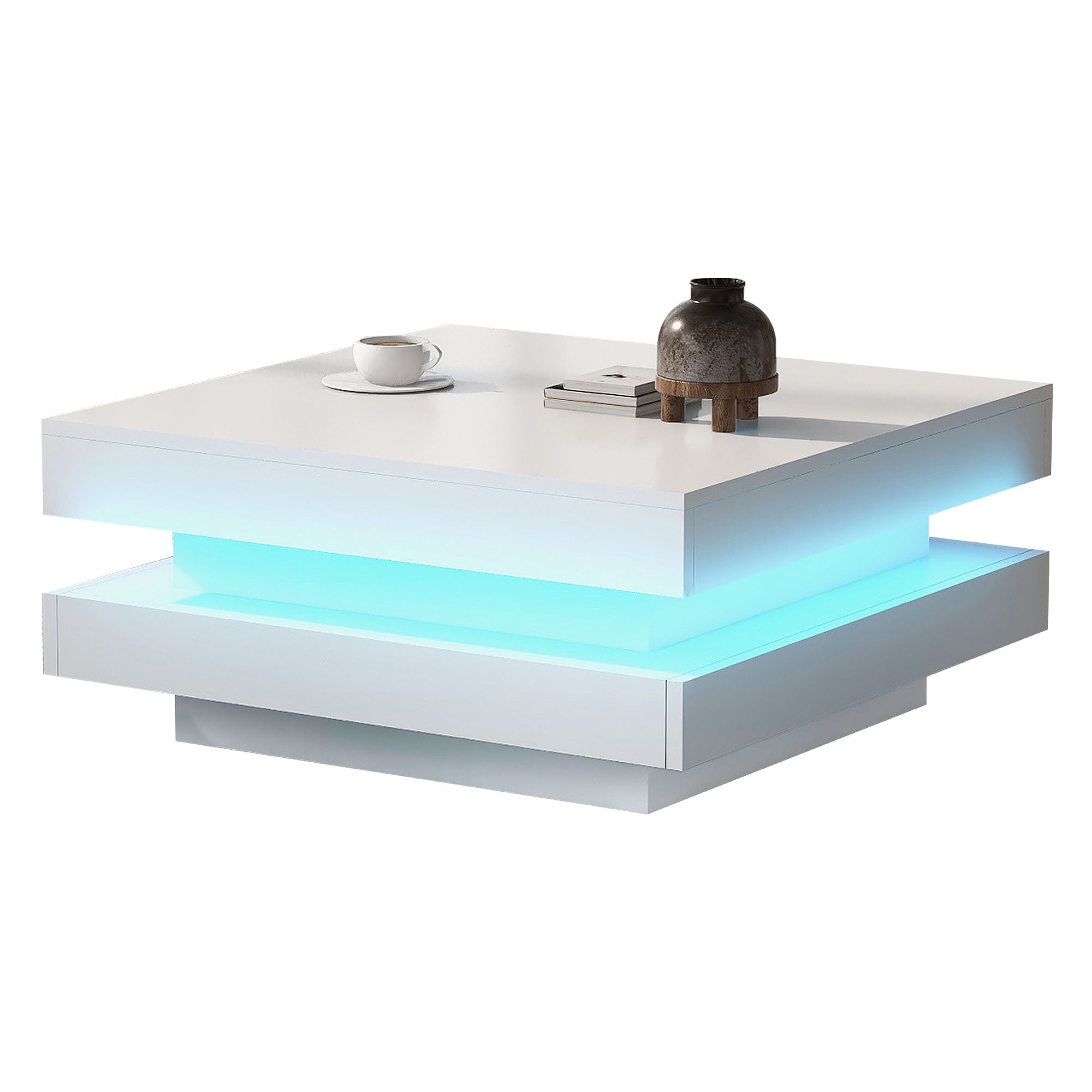 Modern Square Coffee Table with Rotating Top and LED Light, High-Gloss White