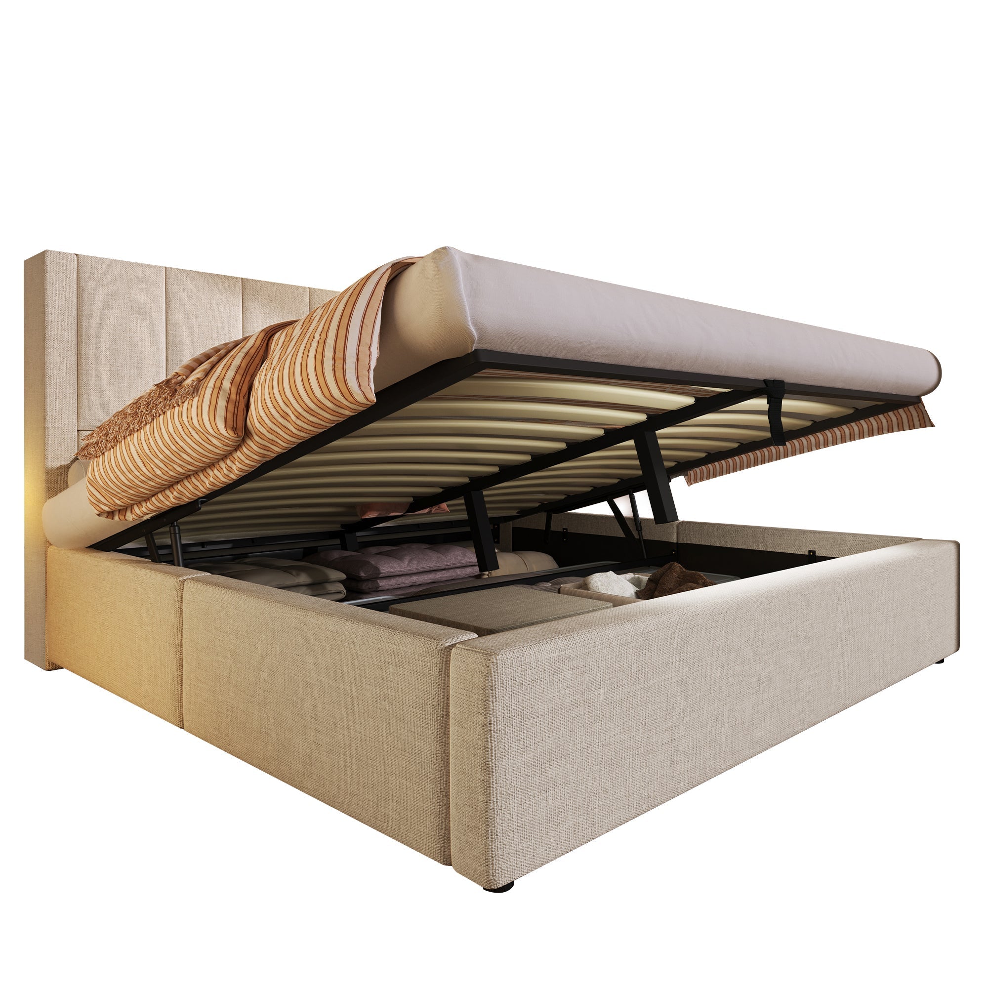 Upholstered Double Bed 160x200cm Hydraulic Storage Cup Holder Charging Station - Linen Beige