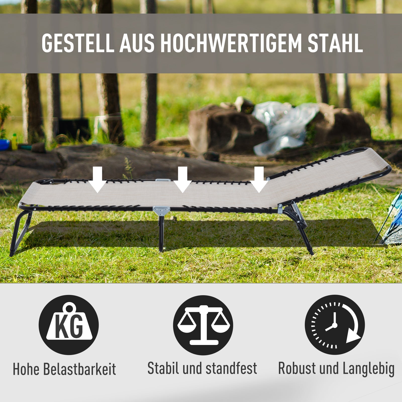 Foldable Sun Lounger 4-Position Adjustable Backrest Steel Mesh Fabric, Beige