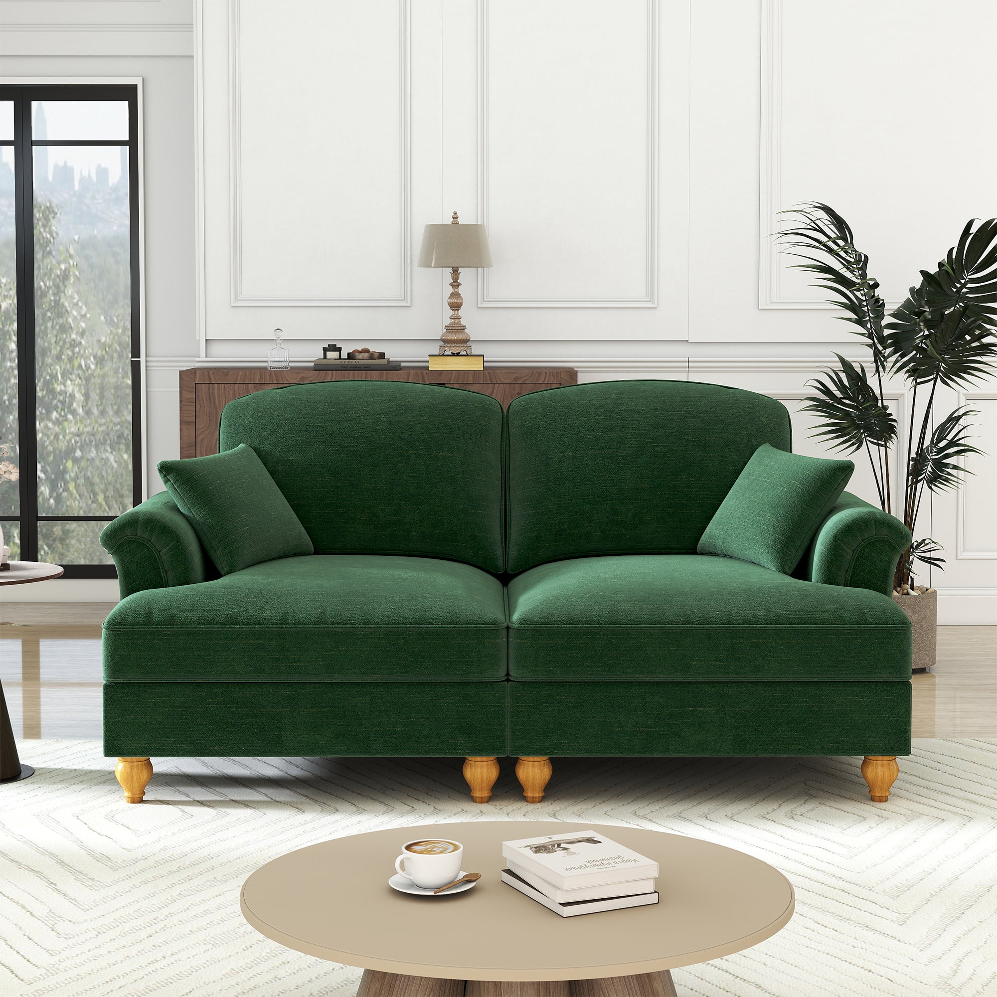 2-Seater Sofa Mid-Century Modern Flared Armrests Wooden Legs - Chenille Green