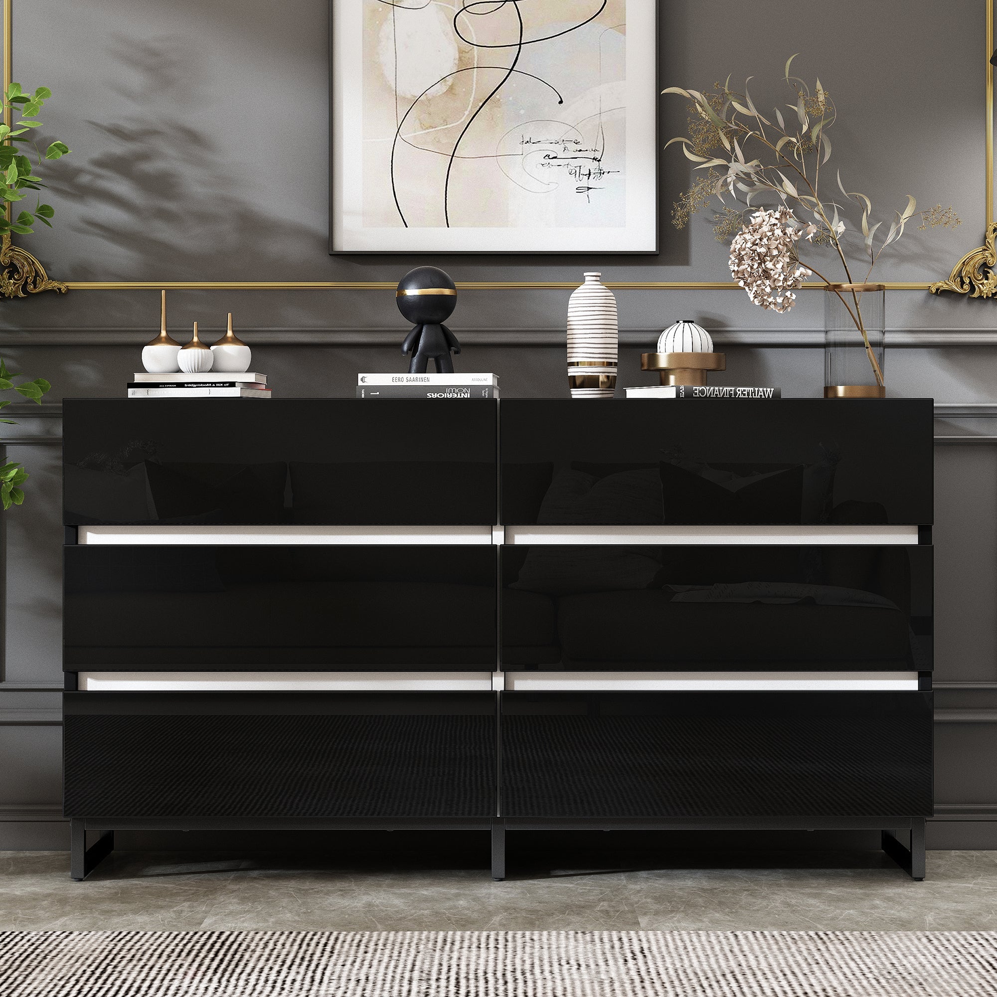Living Room Sideboard, High-Gloss 6-Drawer Cabinet with Metal Legs, White+Black