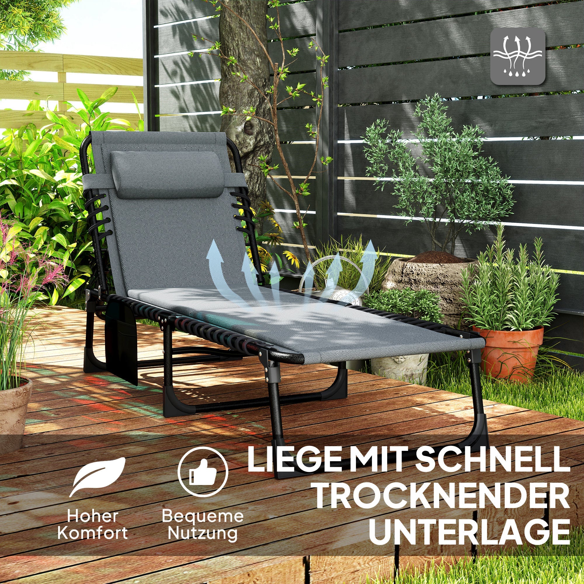 Folding Sun Lounger, Padded 5-Position Adjustable Weatherproof, Dark Grey