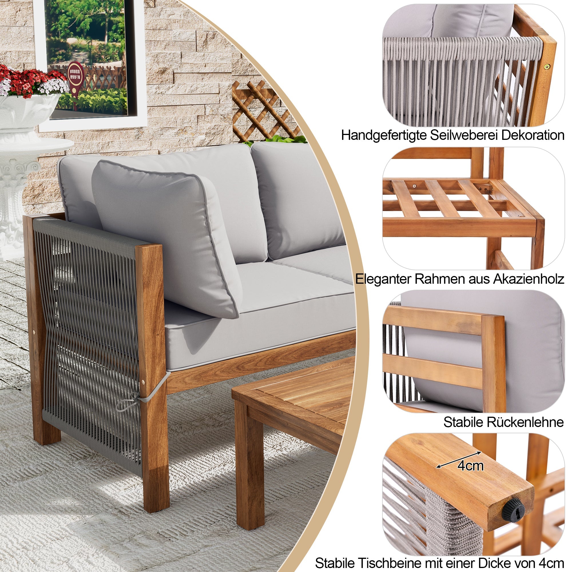 Garden Lounge Chair Set (3-Piece), L-Shaped with Adjustable Legs, Acacia and Grey Rope