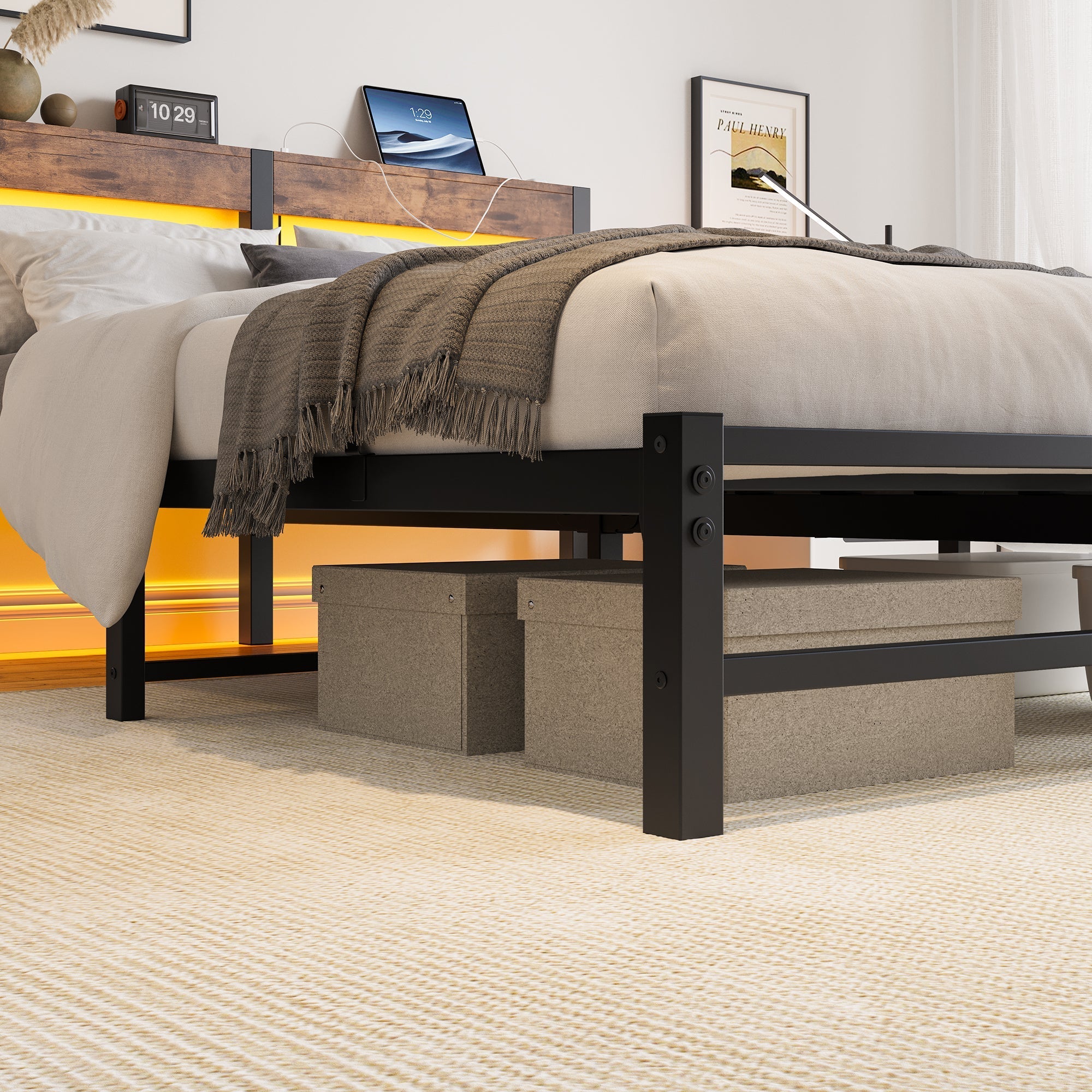 Metal Bed Frame 140x200cm, LED Lighting USB Charging Station Under-Bed Storage, Metal