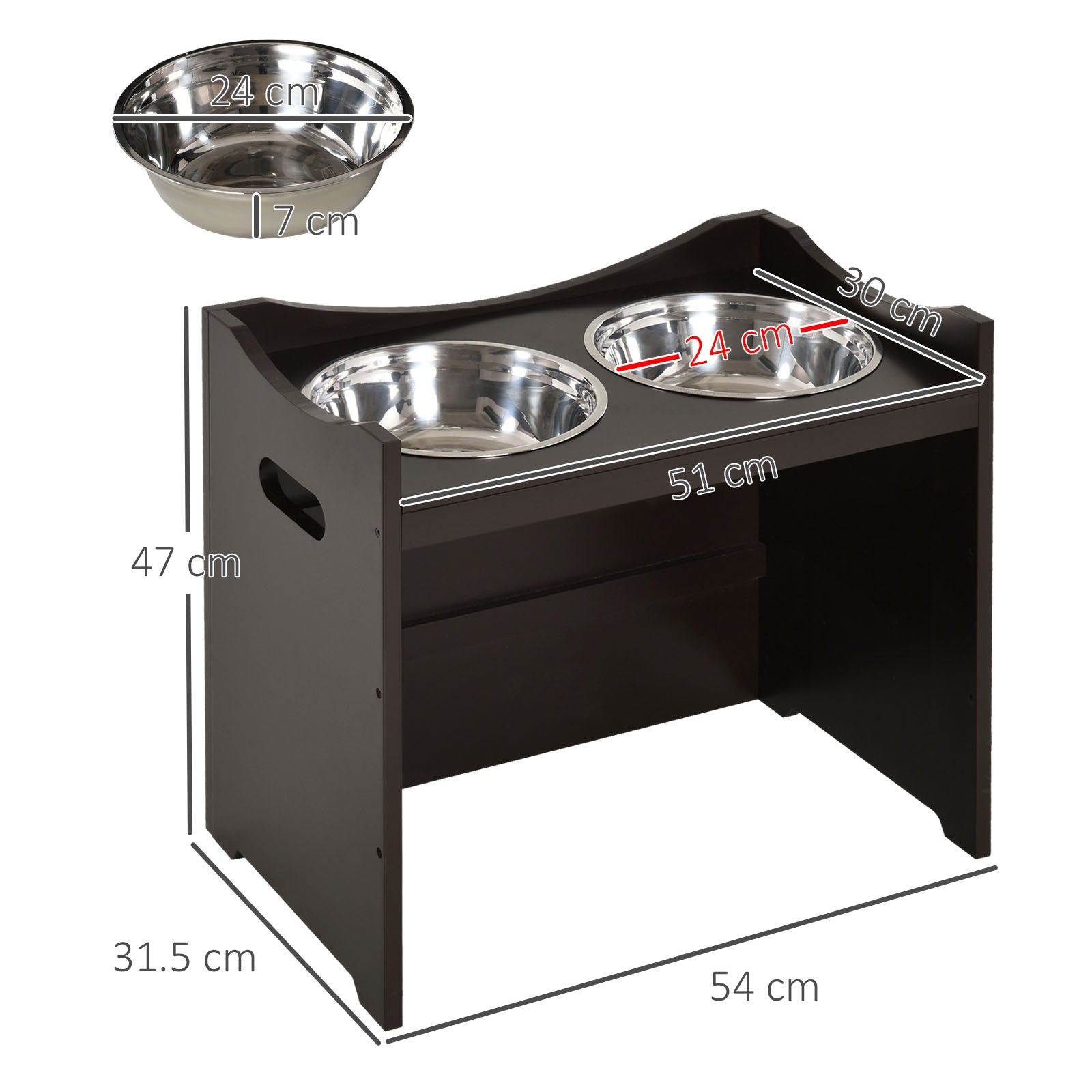 Dog Bowl Feeding Station, Height-Adjustable, Stainless Steel, Dark Brown MDF