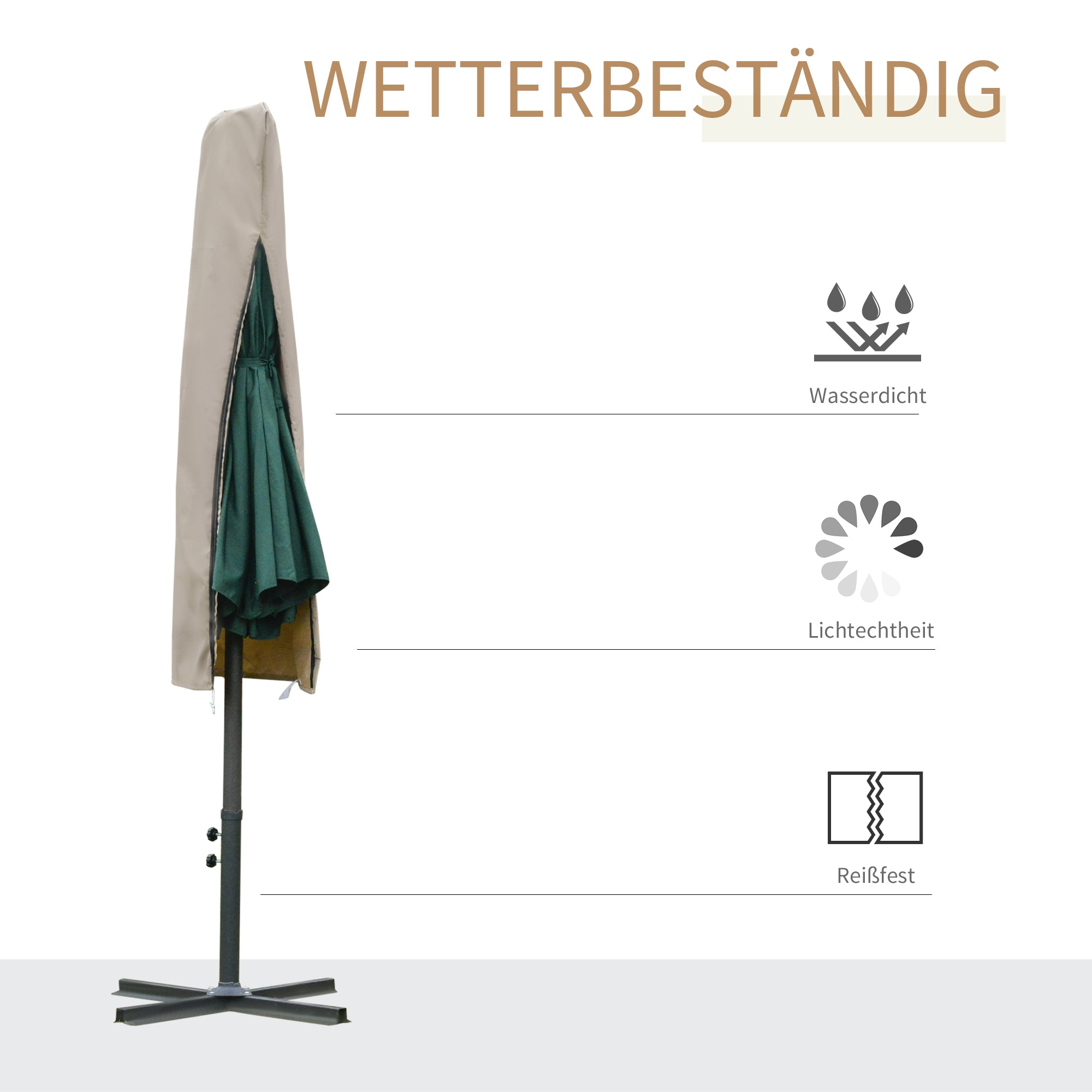 Parasol Protective Cover Weatherproof Windproof with Rope Closure for Cantilever Khaki