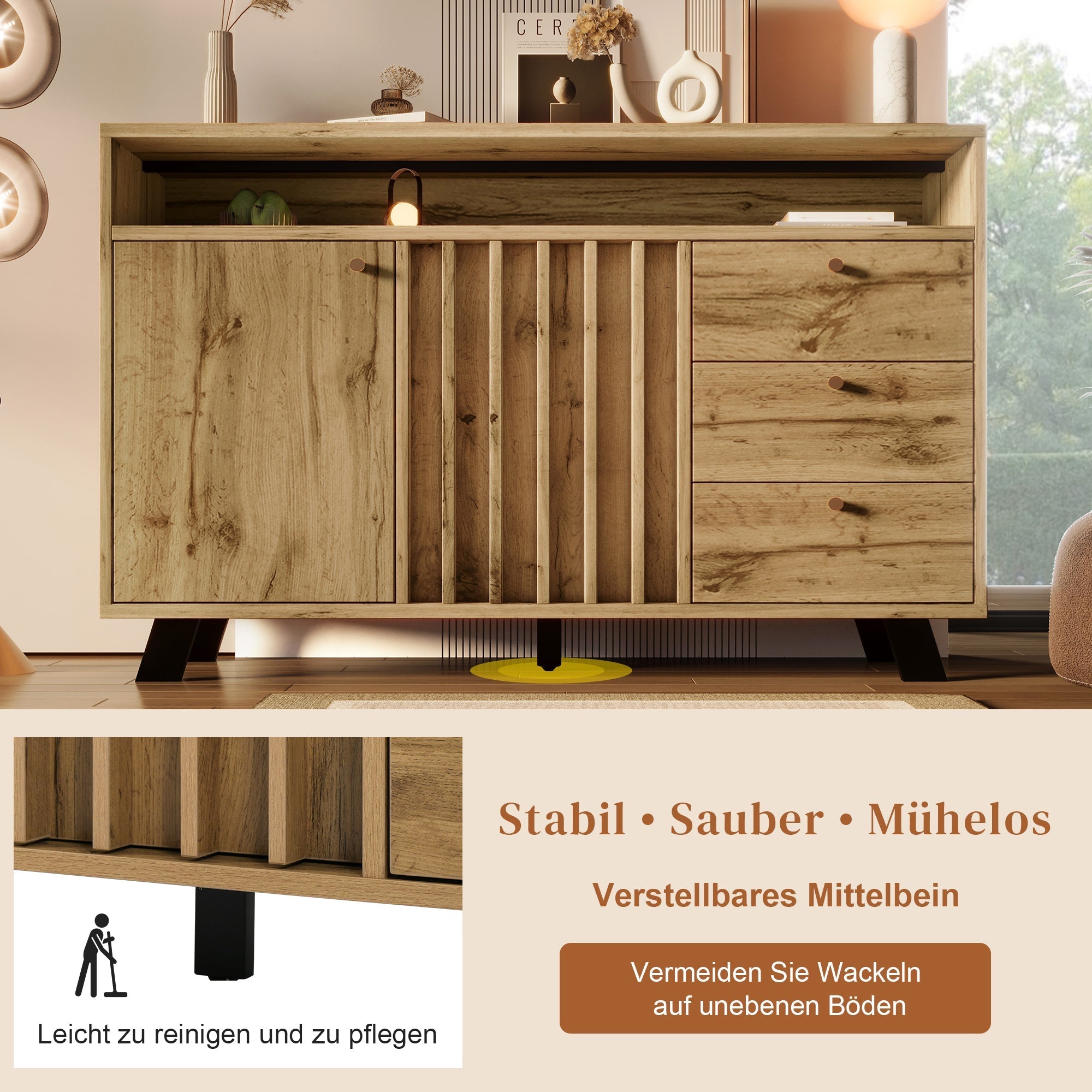 Vintage Sideboard Cabinet 3 Drawers 2 Doors Slatted Front 120cm - Dark Oak