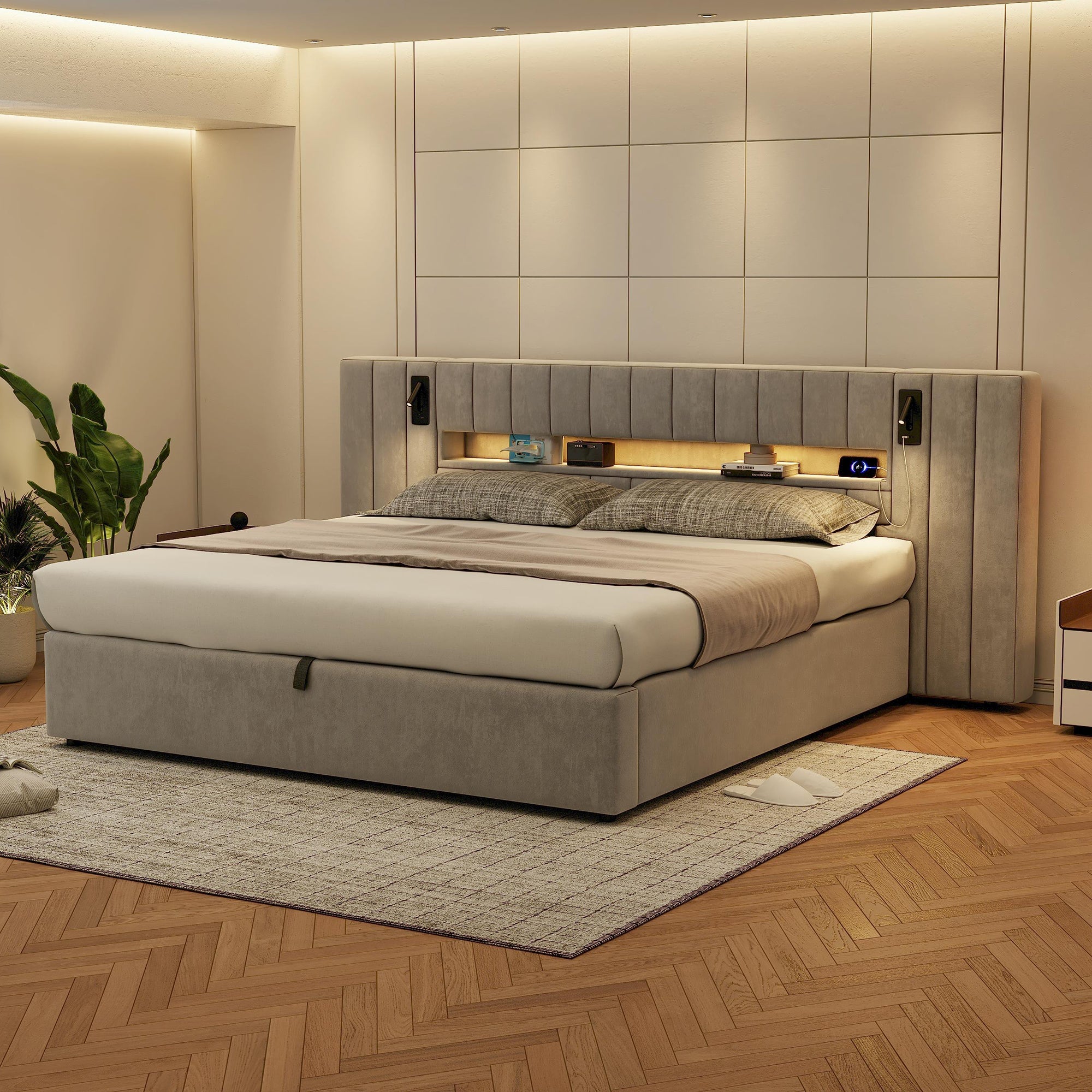 Upholstered Double Bed with USB Port, LED Lighting and Storage, 160x200cm, Grey Velvet
