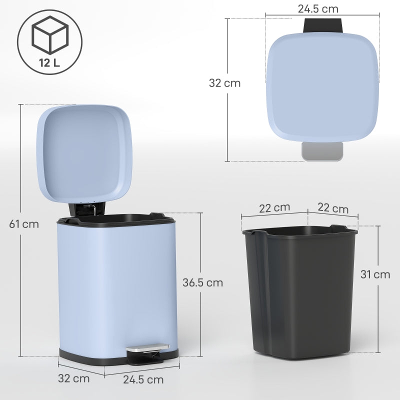 12L Kitchen Bin, Modern Boxy Metal, Light Blue