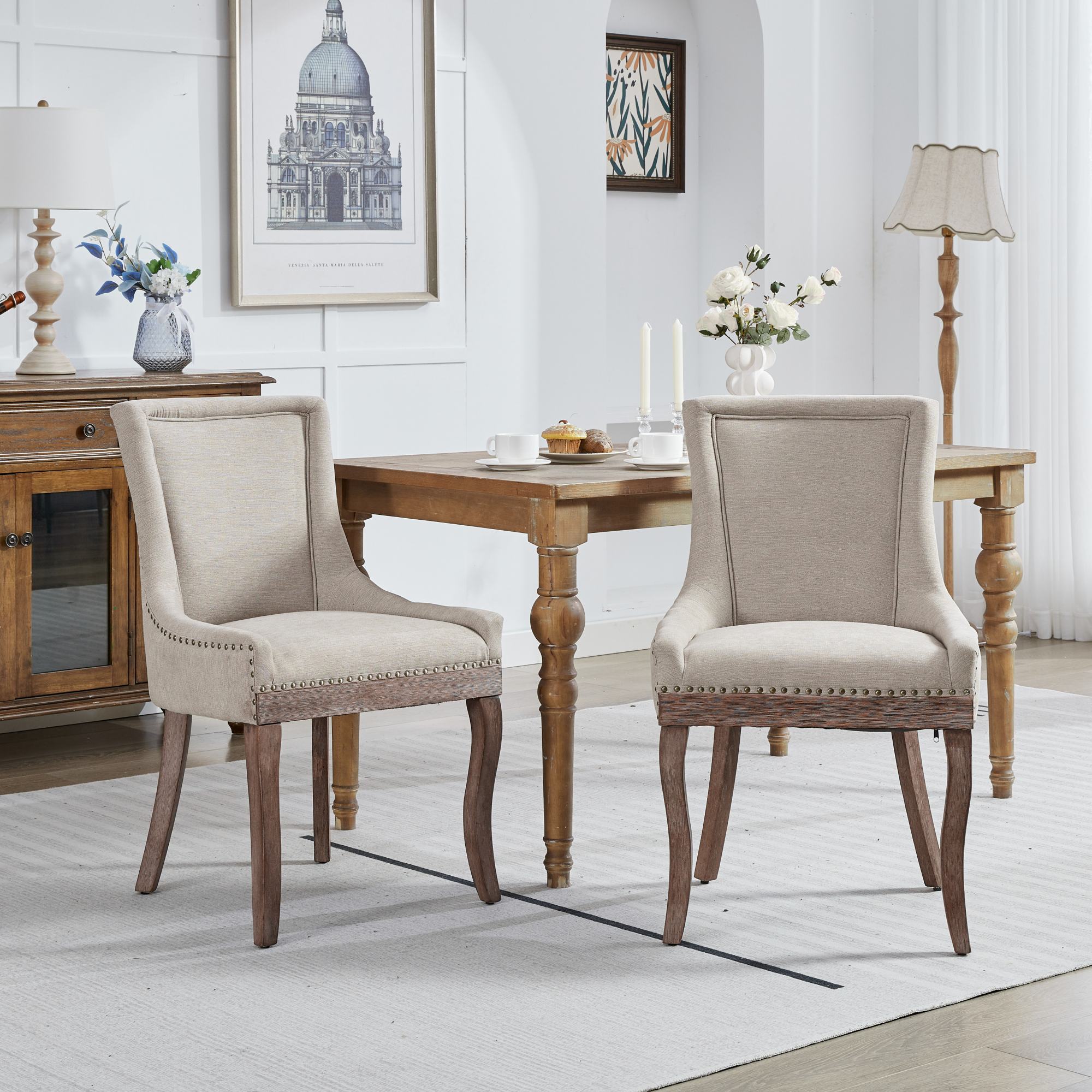 A&A Furniture Ultra Side Dining Chair Thick Fabric Solid Wood Legs Bronze Nail Head Set of 2 - Beige