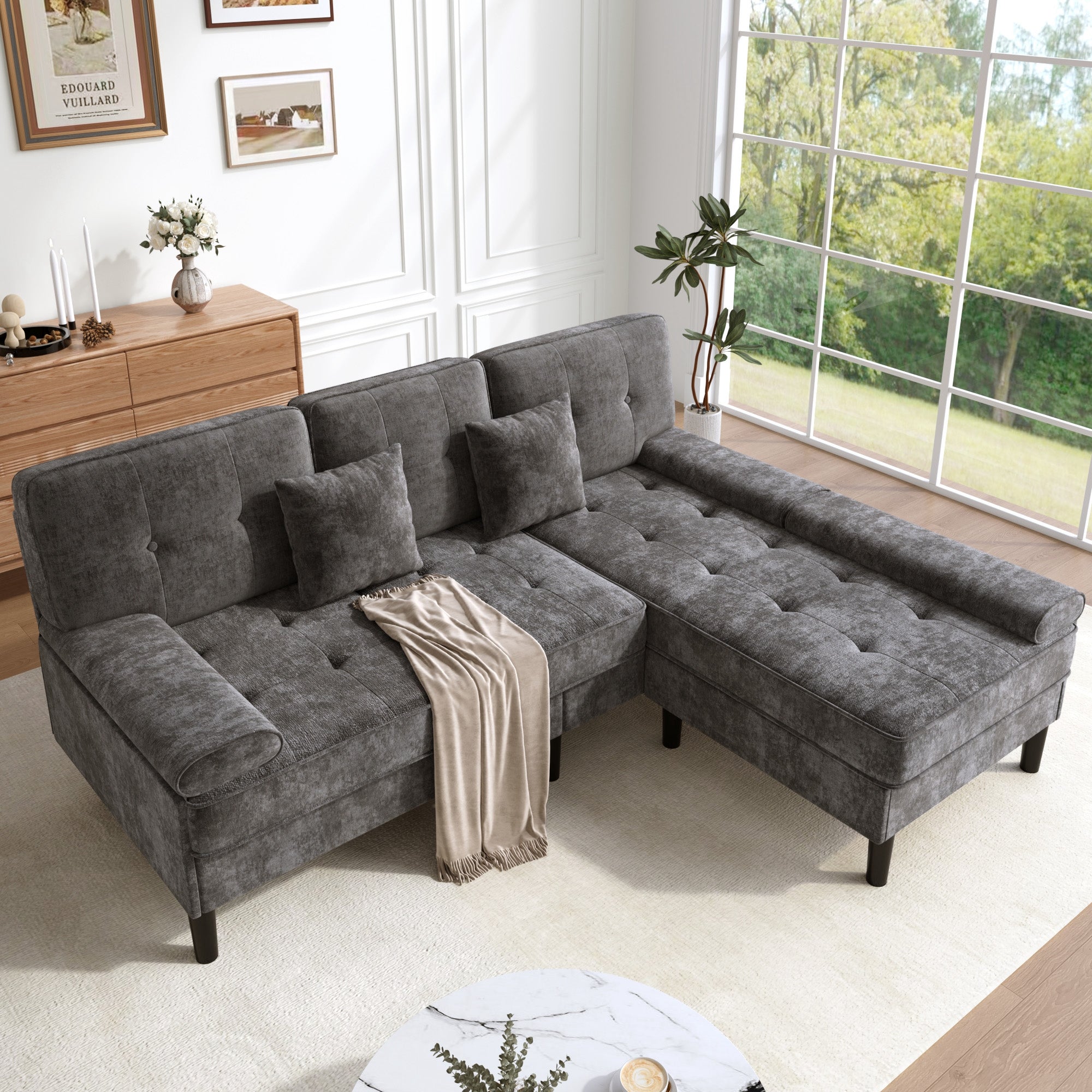 L-Shaped Corner Sofa with Sleeping Function and Movable Footrest, Chenille
