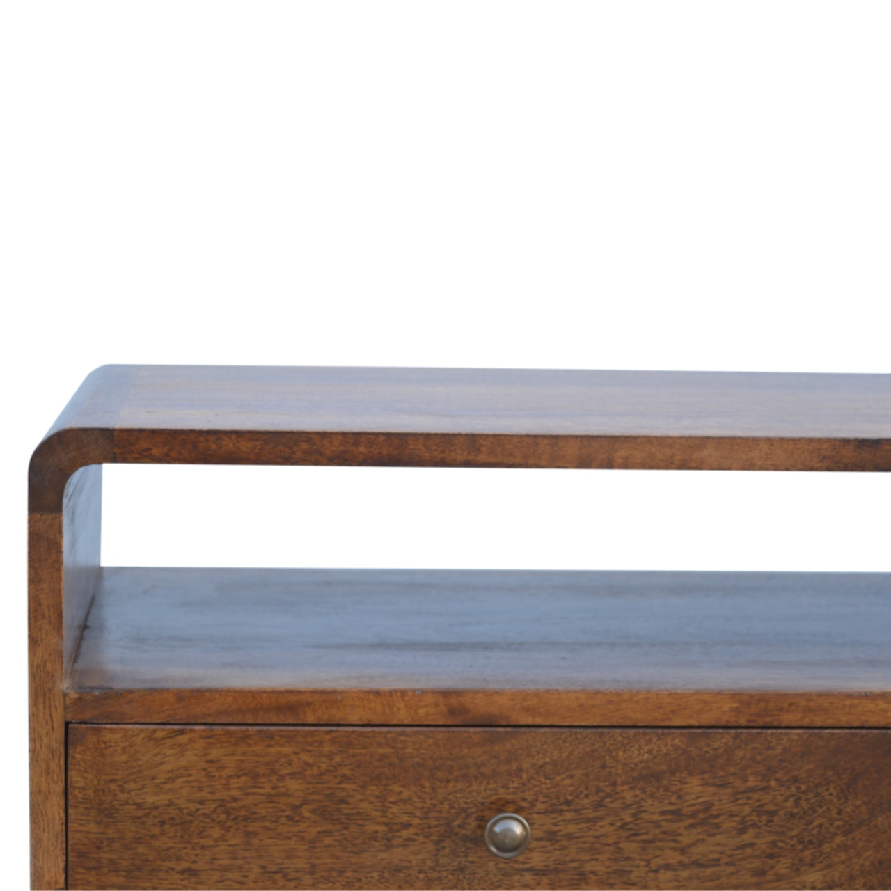 Solid Wood Media Unit, Curved Chestnut 2 Drawers 1 Open Slot, Dark Brown
