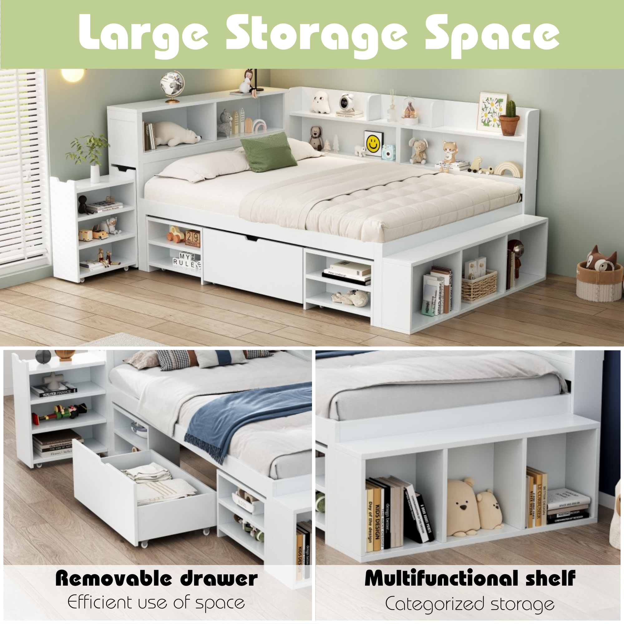 Children's Bed Single 3ft (90x190cm) with Drawers, Bookcase & Storage Cupboard, White