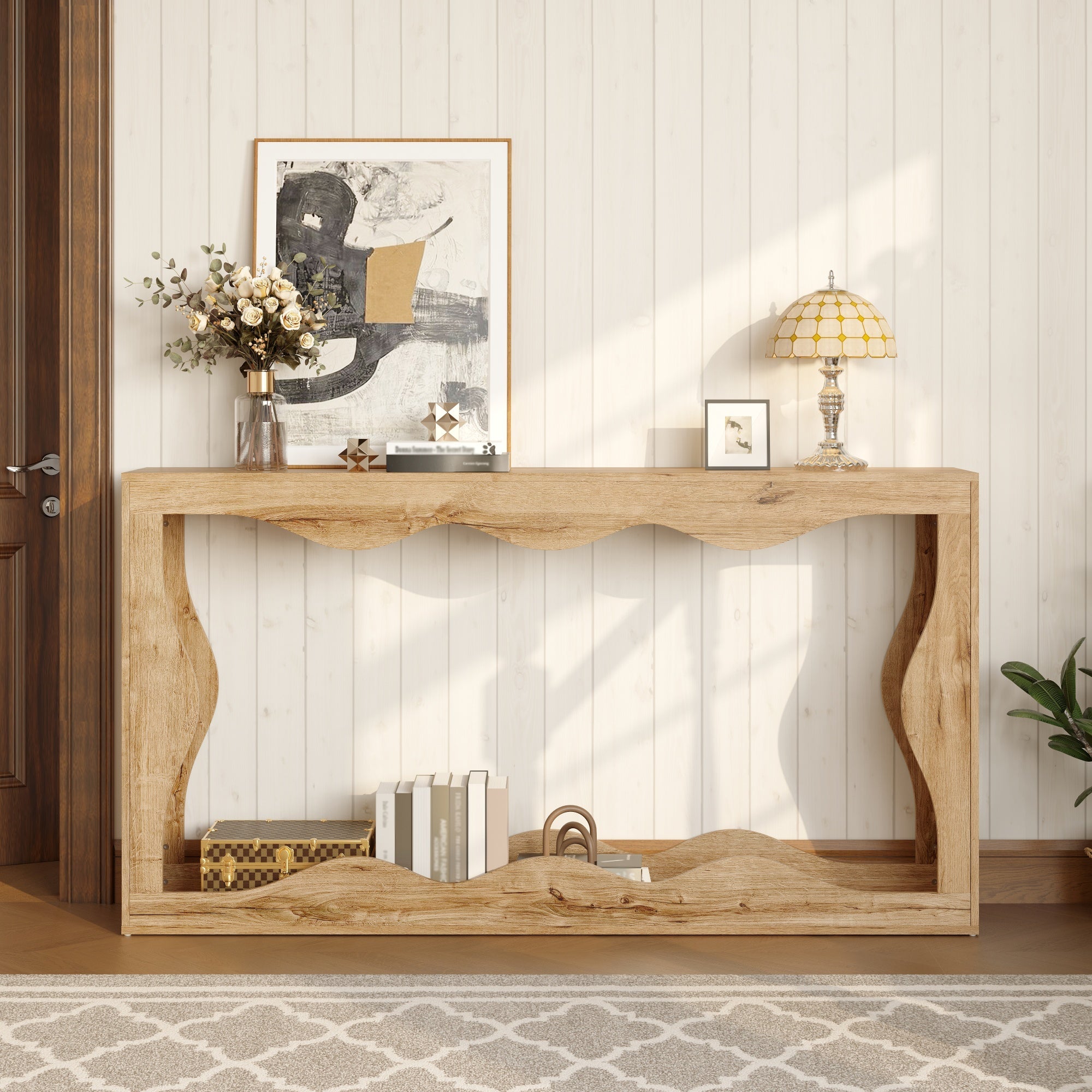 Wavy-Edge Console Table with 2-Tier Shelf and Natural Edge Design, Wood-Look
