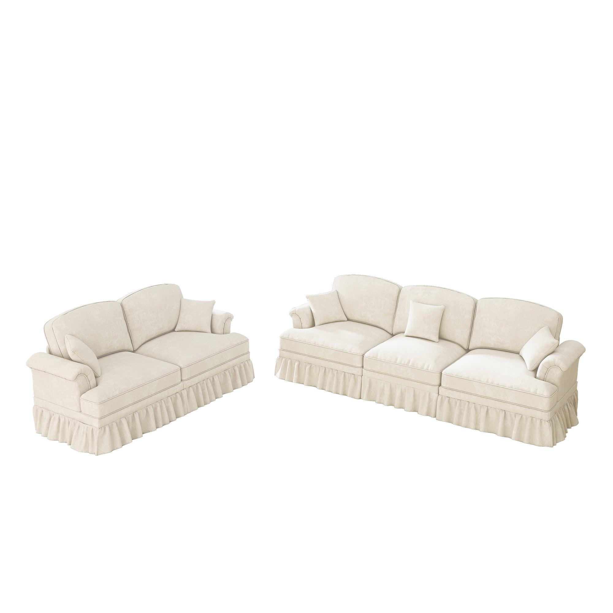 Classic 2-piece Modular Sofa Set 3-Seater 2-Seater Loveseat Ruffled Apron Spindle Legs - Chenille White
