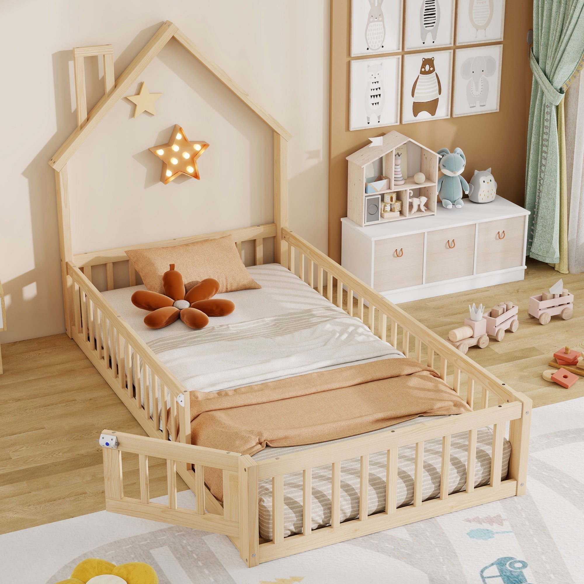 House Bed with Chimney Shape and Slatted Base, 90x200cm, Natural Pine Wood