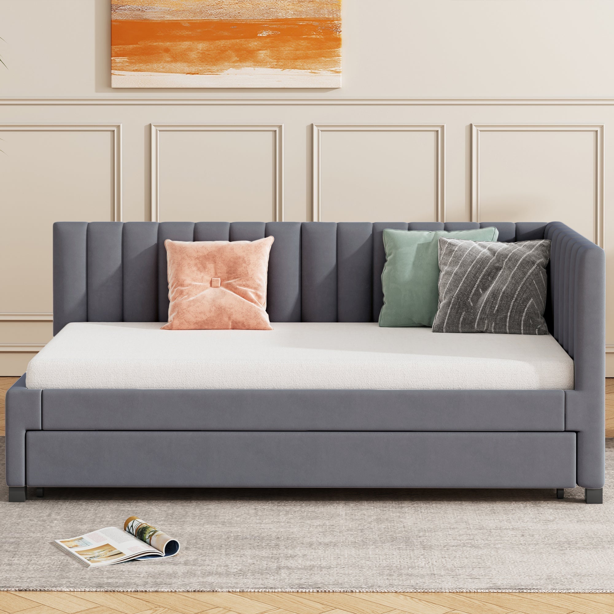 Upholstered Bed 90x200, Pull-Out Multifunctional Sofa Bed with Slatted Frame, Velvet Fabric Gray