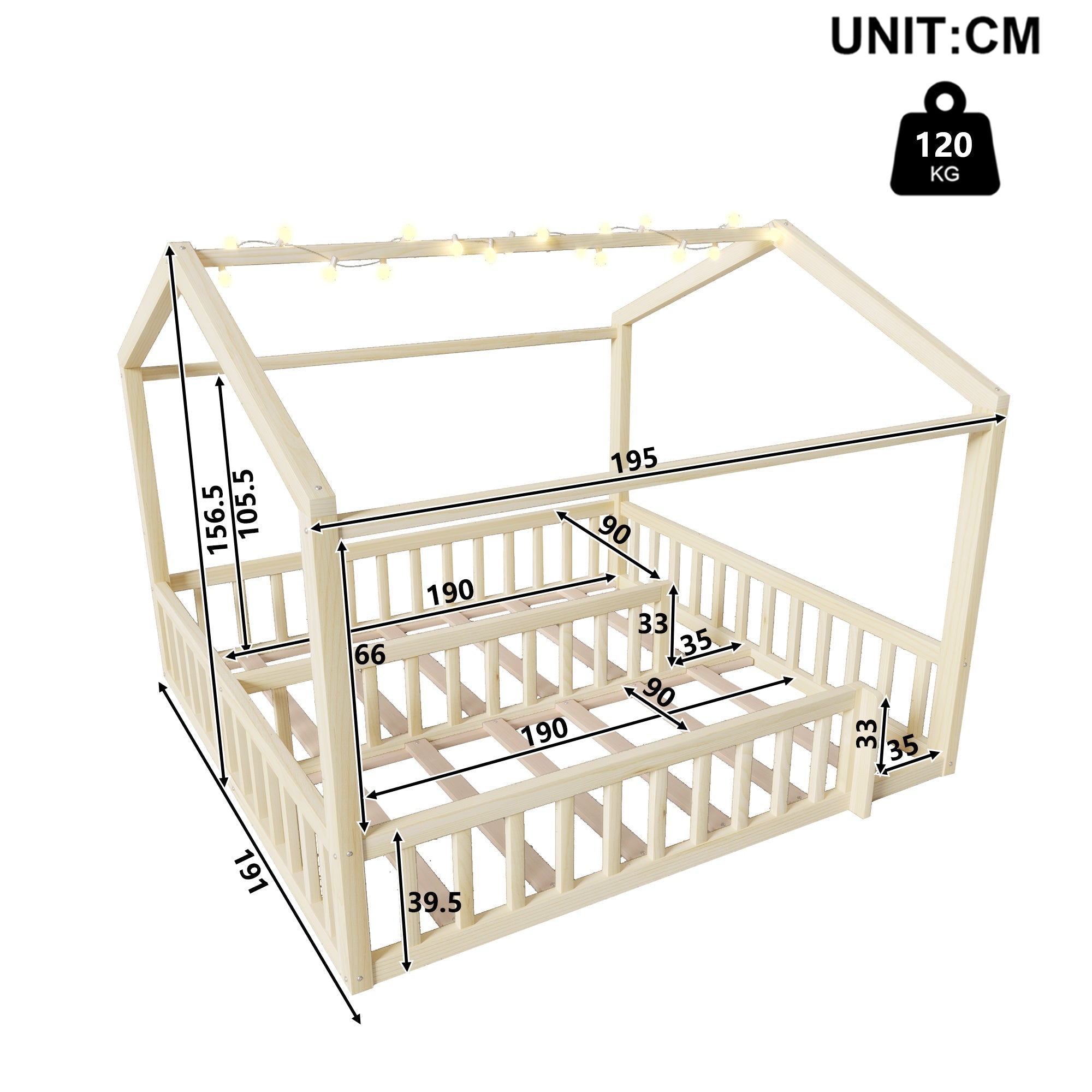 Children's Flatbed Expandable 90/180x190cm House Railing LED Pine Wood Natural