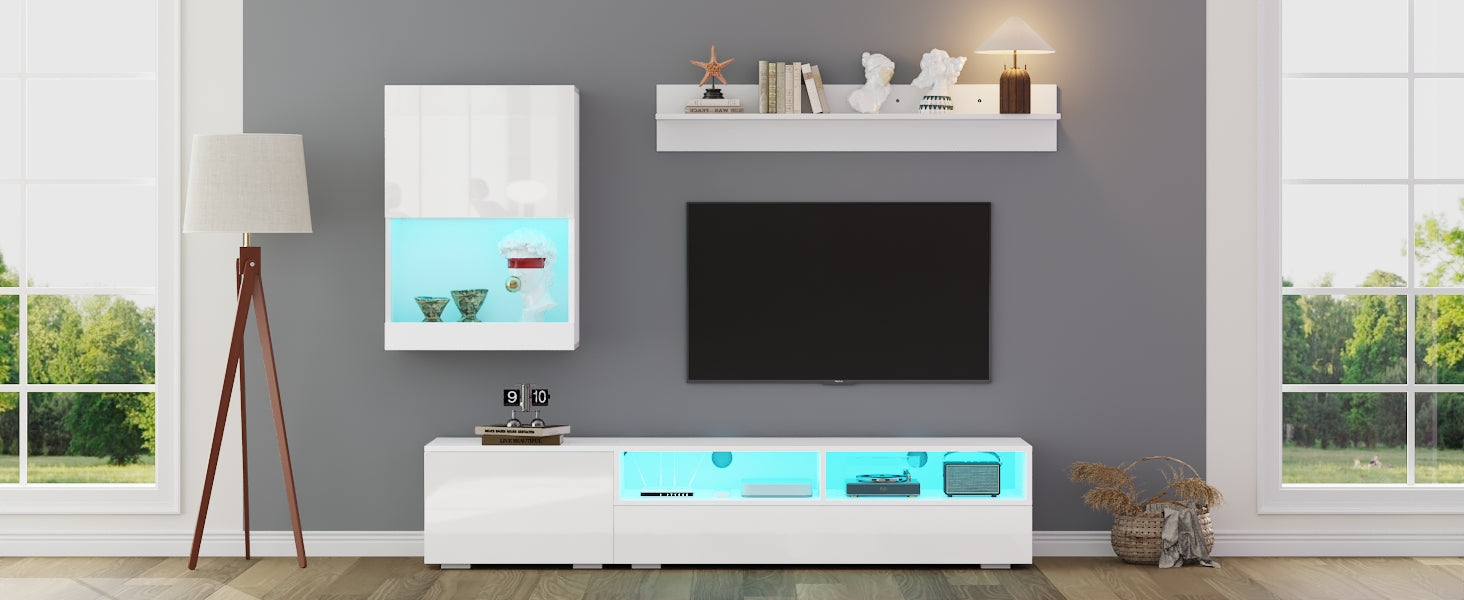 TV Wall Unit Set with Display Cabinet, 3-Piece Media Unit, LED High Gloss, White