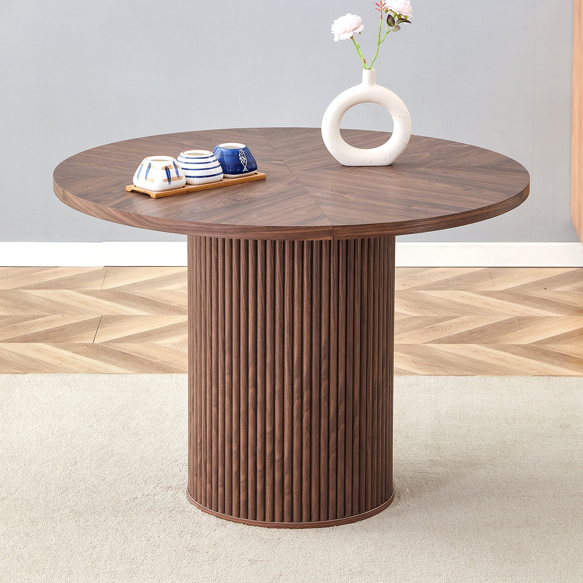 Round Dining Table 100cm 4-6 Seater Storage Cylindrical Leg - Walnut Look MDF