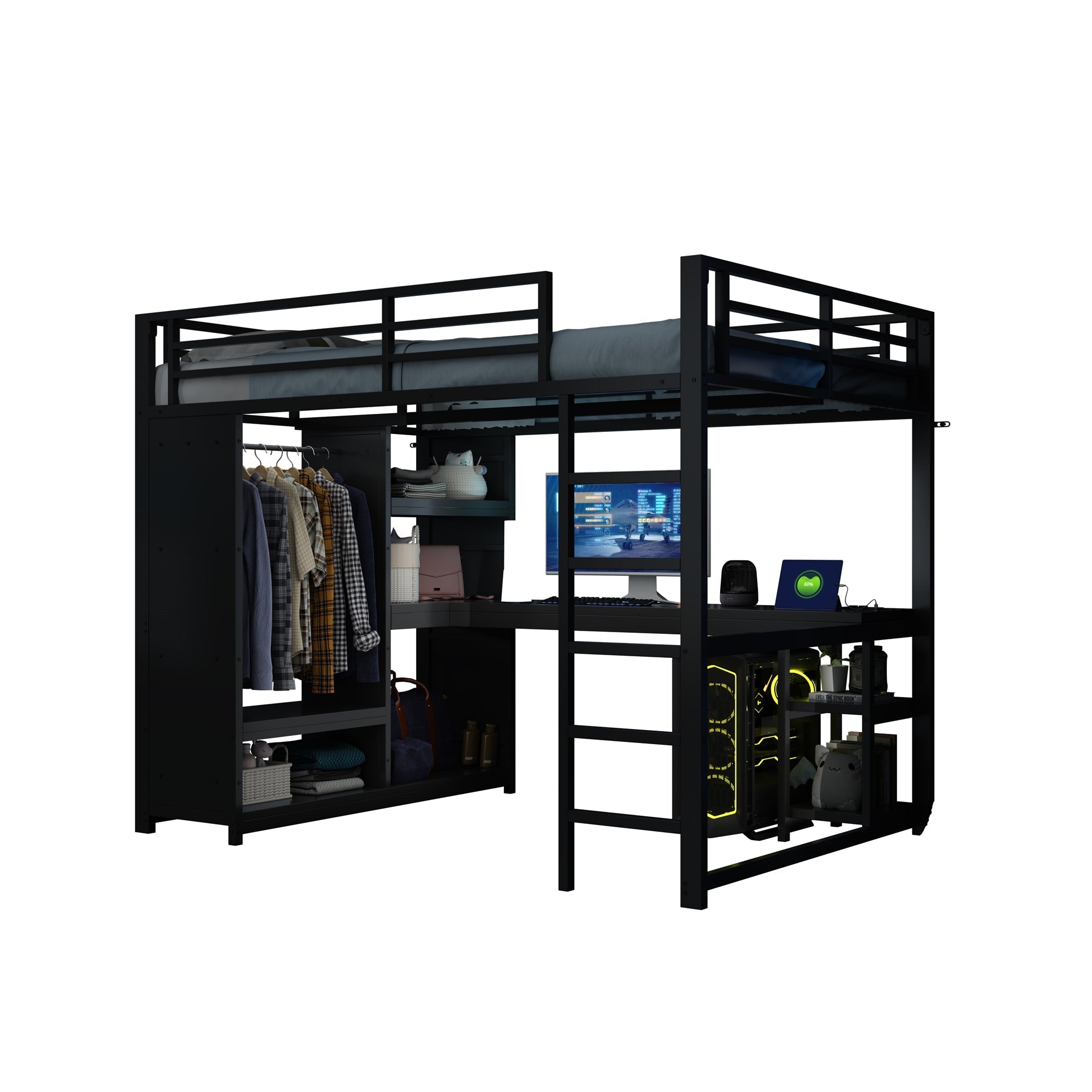 Metal Gaming Loft Bed 140x200 LED Desk Wardrobe Storage - Black