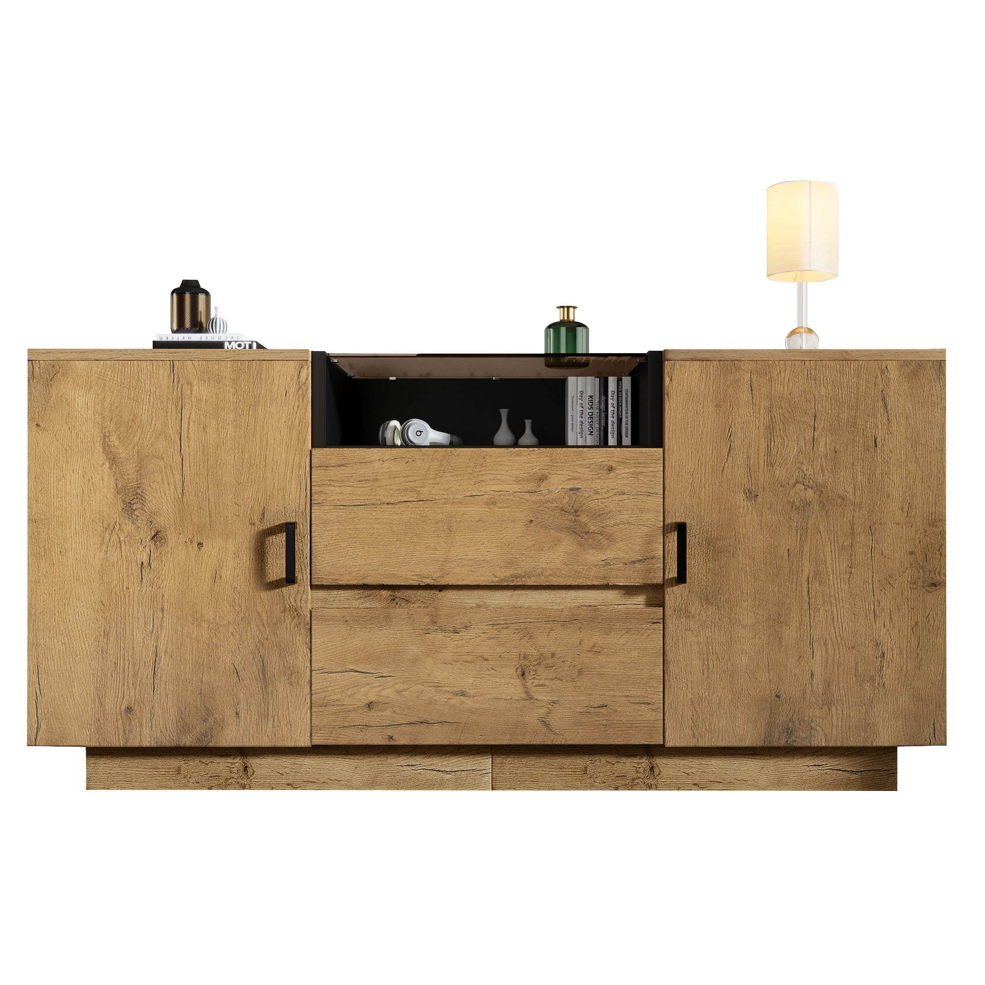 Chest of Drawers Sideboard, 2 Drawers, 2 Cabinets, Open Compartment, Oak-look with Black Handles