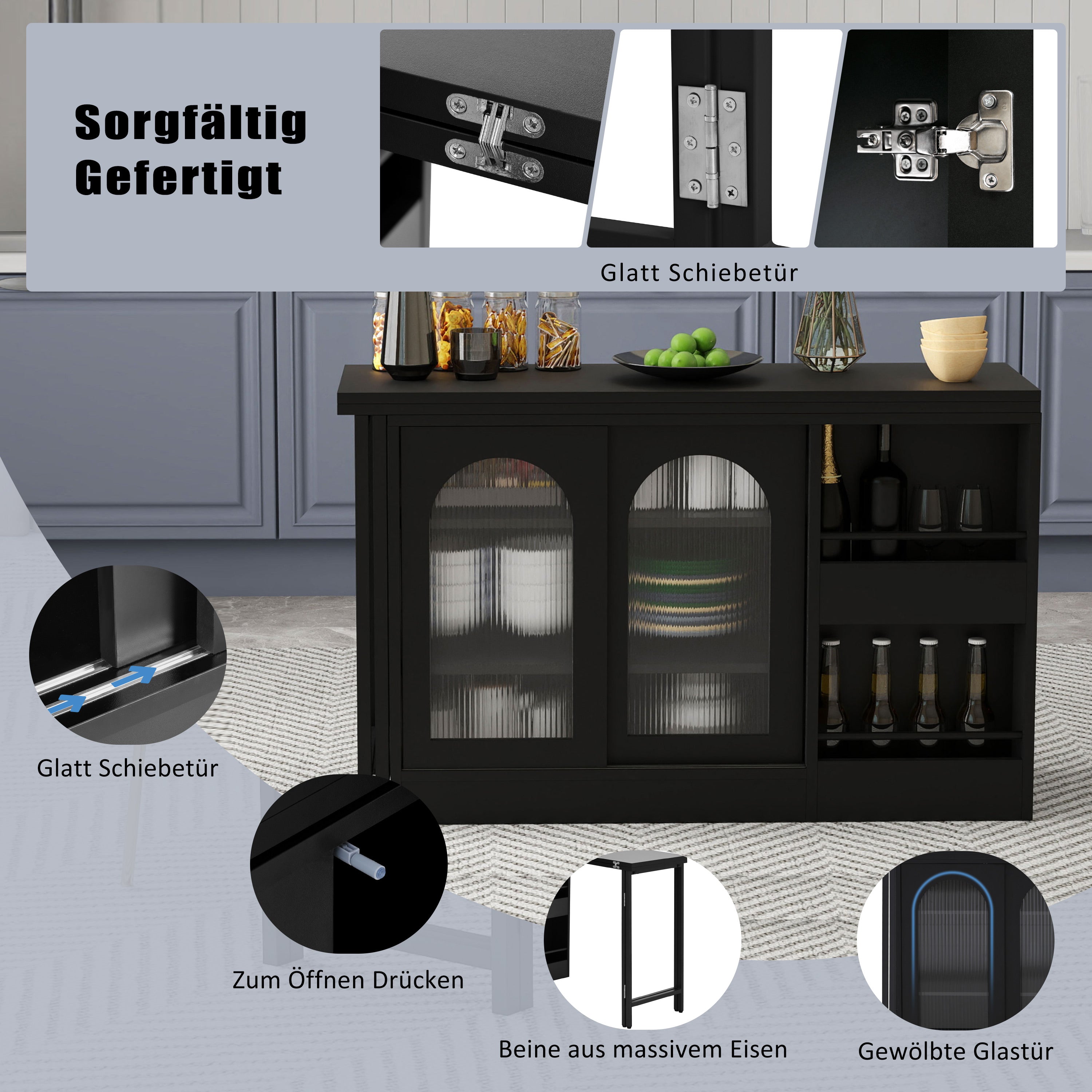 Bar Table, Extendable 360° Rotating with Storage & Glass Cabinet, Black