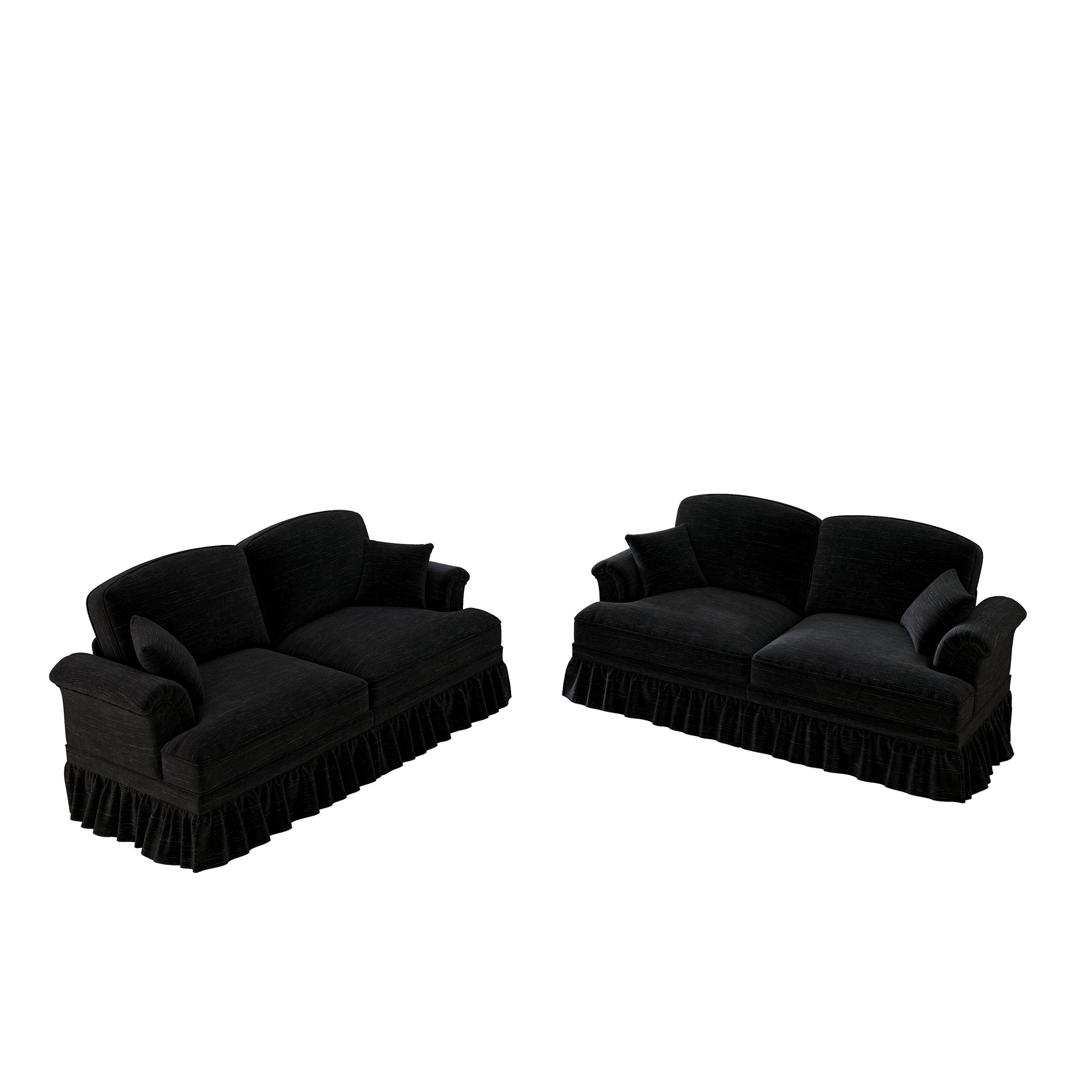 Mid-Century L-Shaped 2-Seater Sofa with Movable Ottoman - Black Chenille