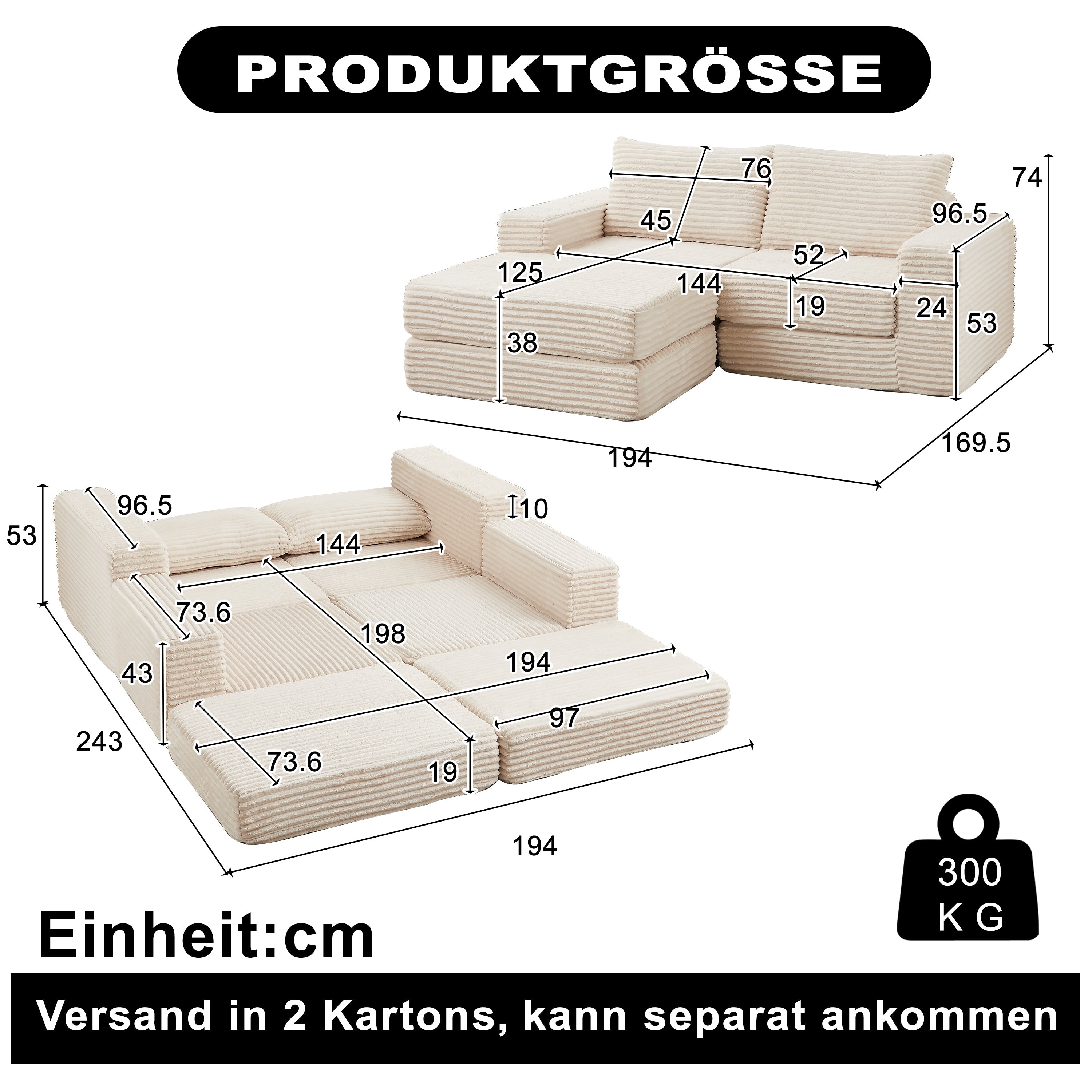 Corduroy 2-in-1 Sofa Bed with Two Pillows, Removable Footstool and Modular Design, Corduroy