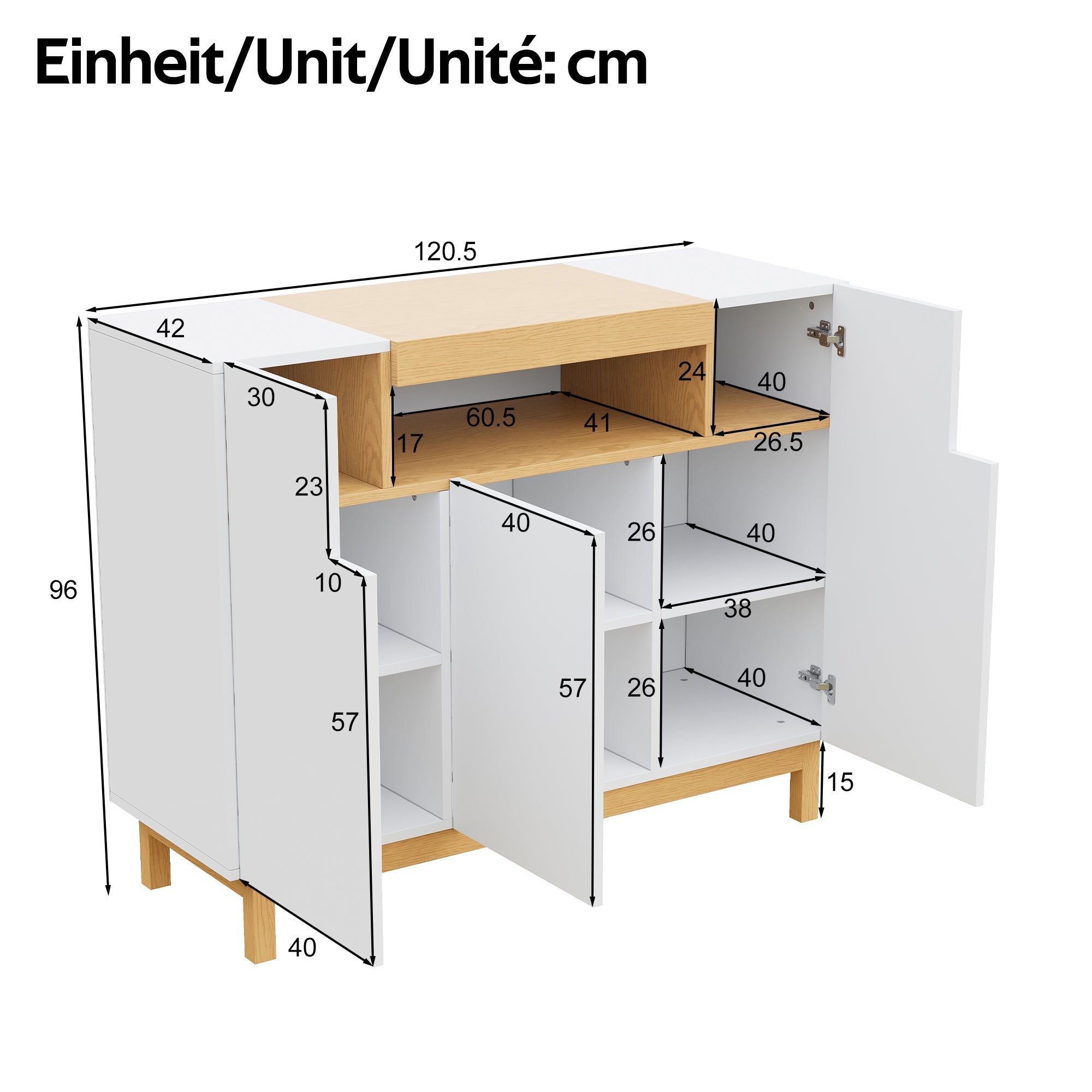 Sideboard, 3-Door Multifunctional Storage Cabinet for Living & Dining, White
