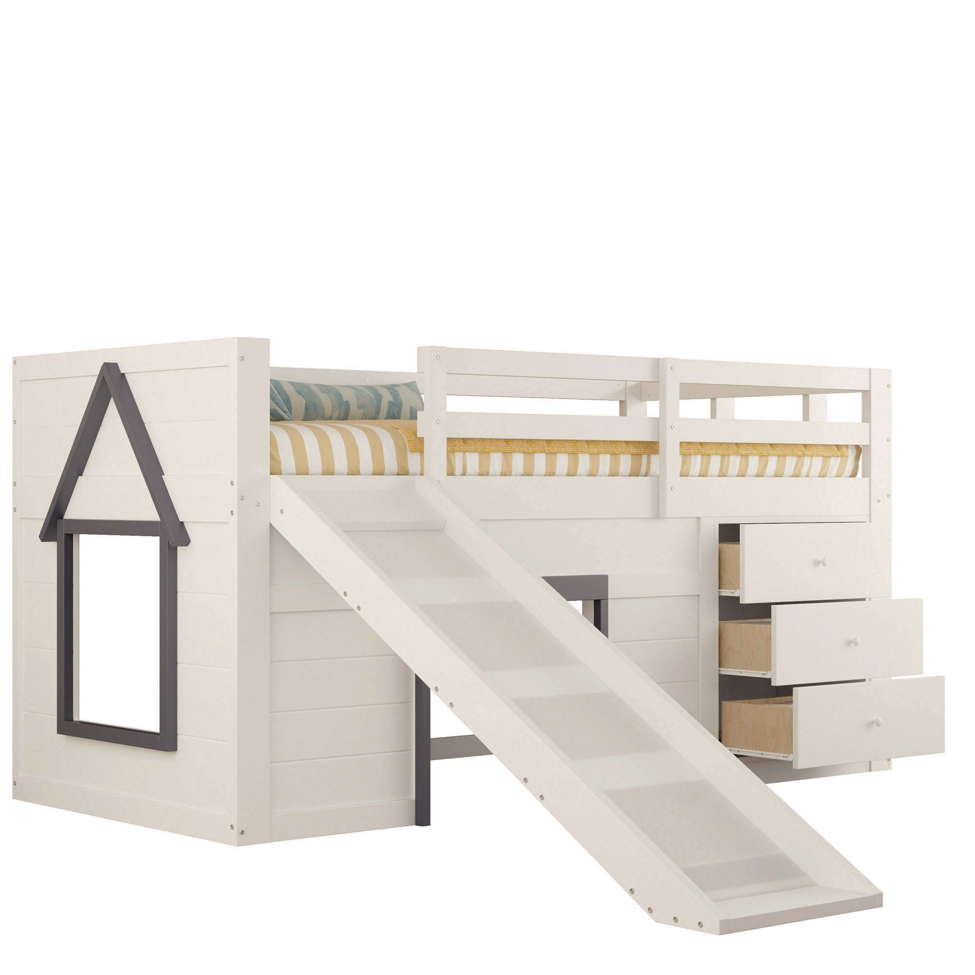 Loft Bed, 90 x 200 with Slide, 3 Drawers & 2 Doors, Cream