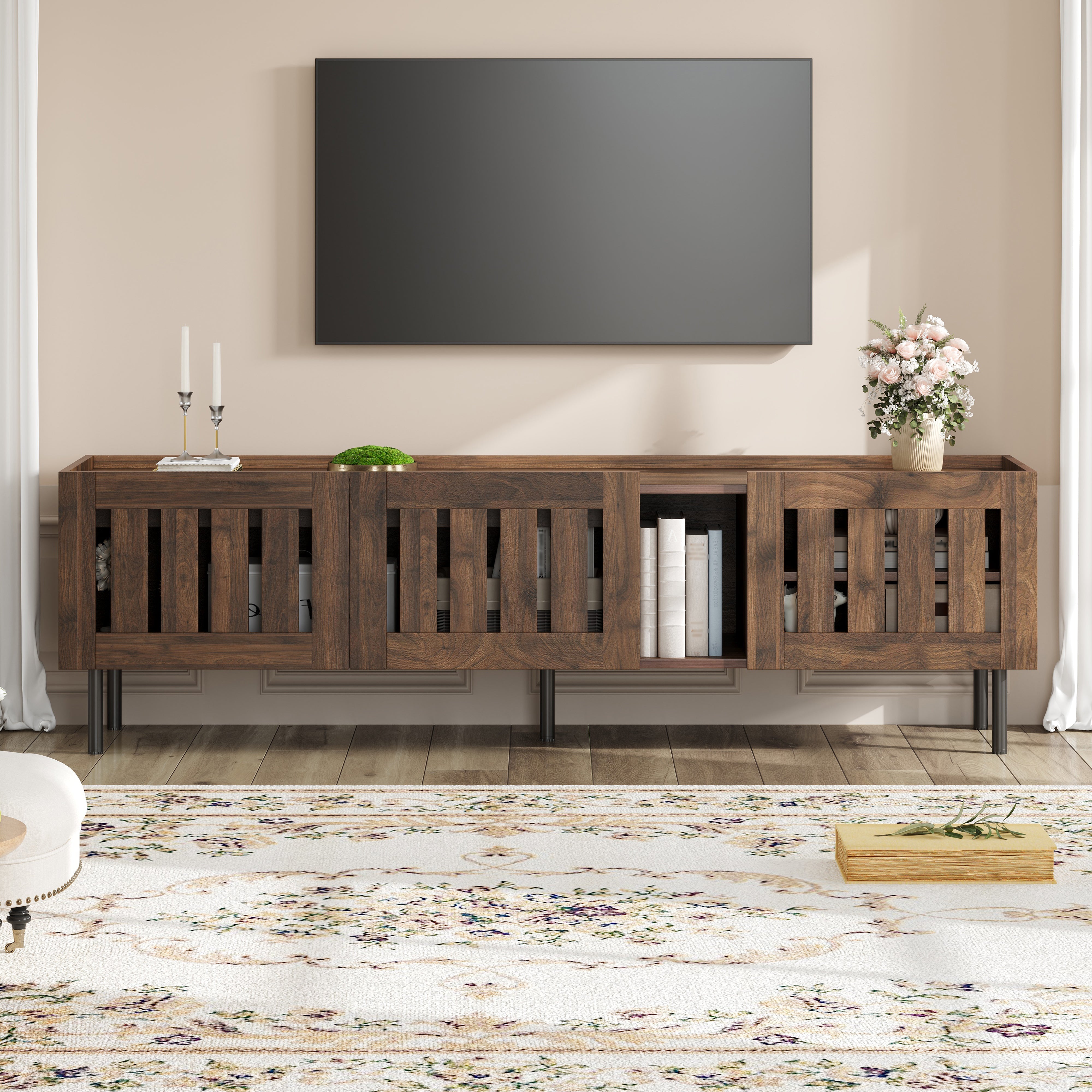 Lowboard Minimalist TV Stand 160cm for 65-inch TV Walnut Wood Finish