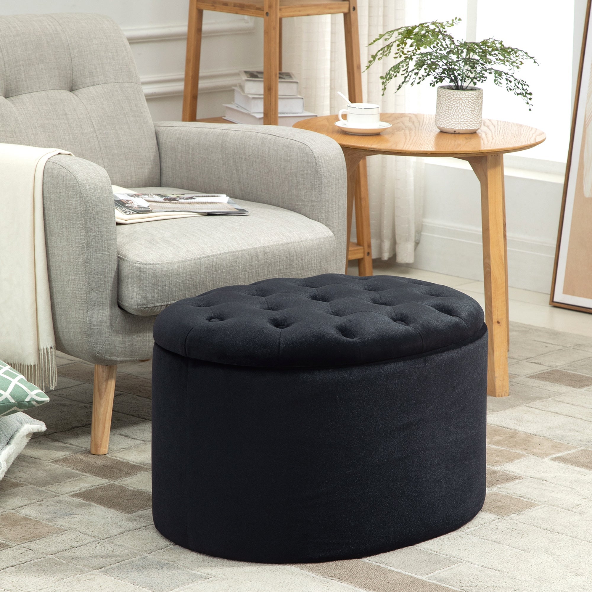 Bench Upholstered Modern Storage Oval Shape, Velvety Polyester Black