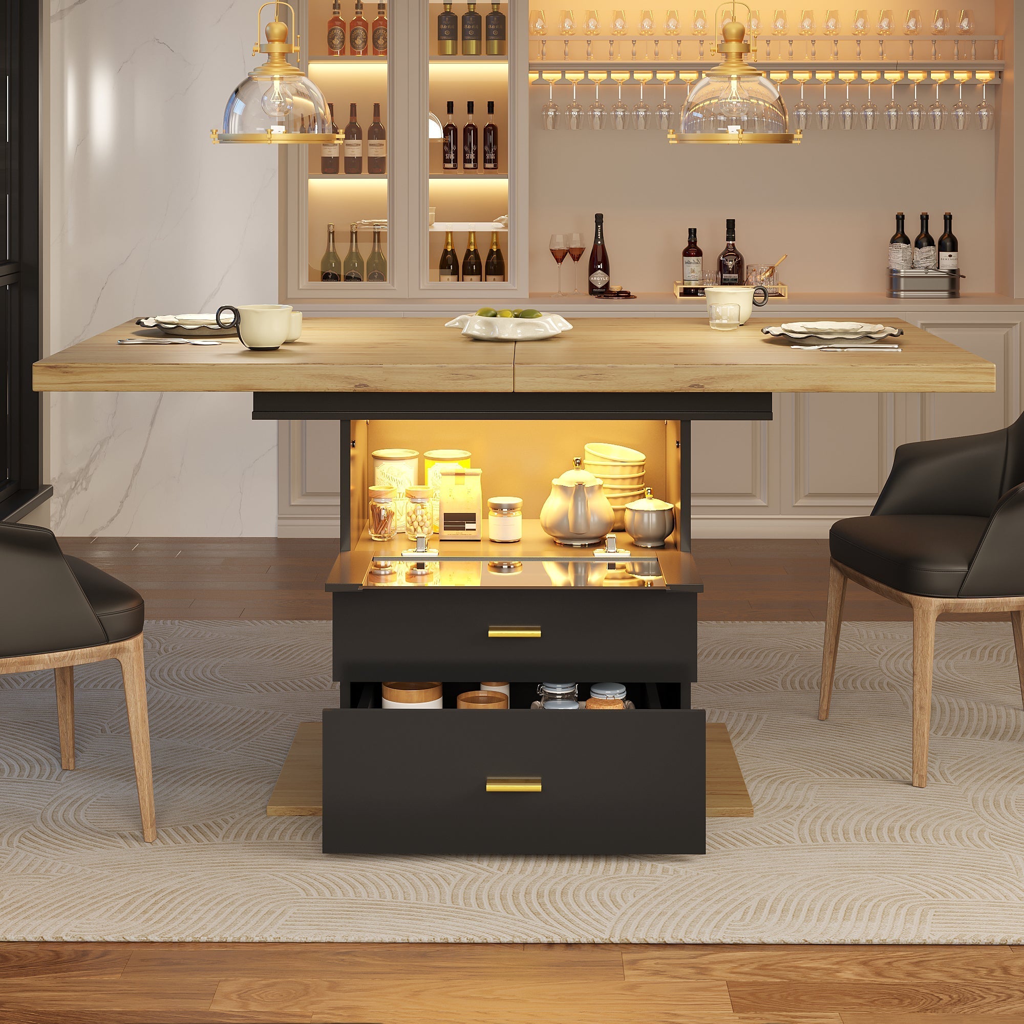 Extendable Dining Table with LED Lighting and Seating for 6 People, Wood Finish