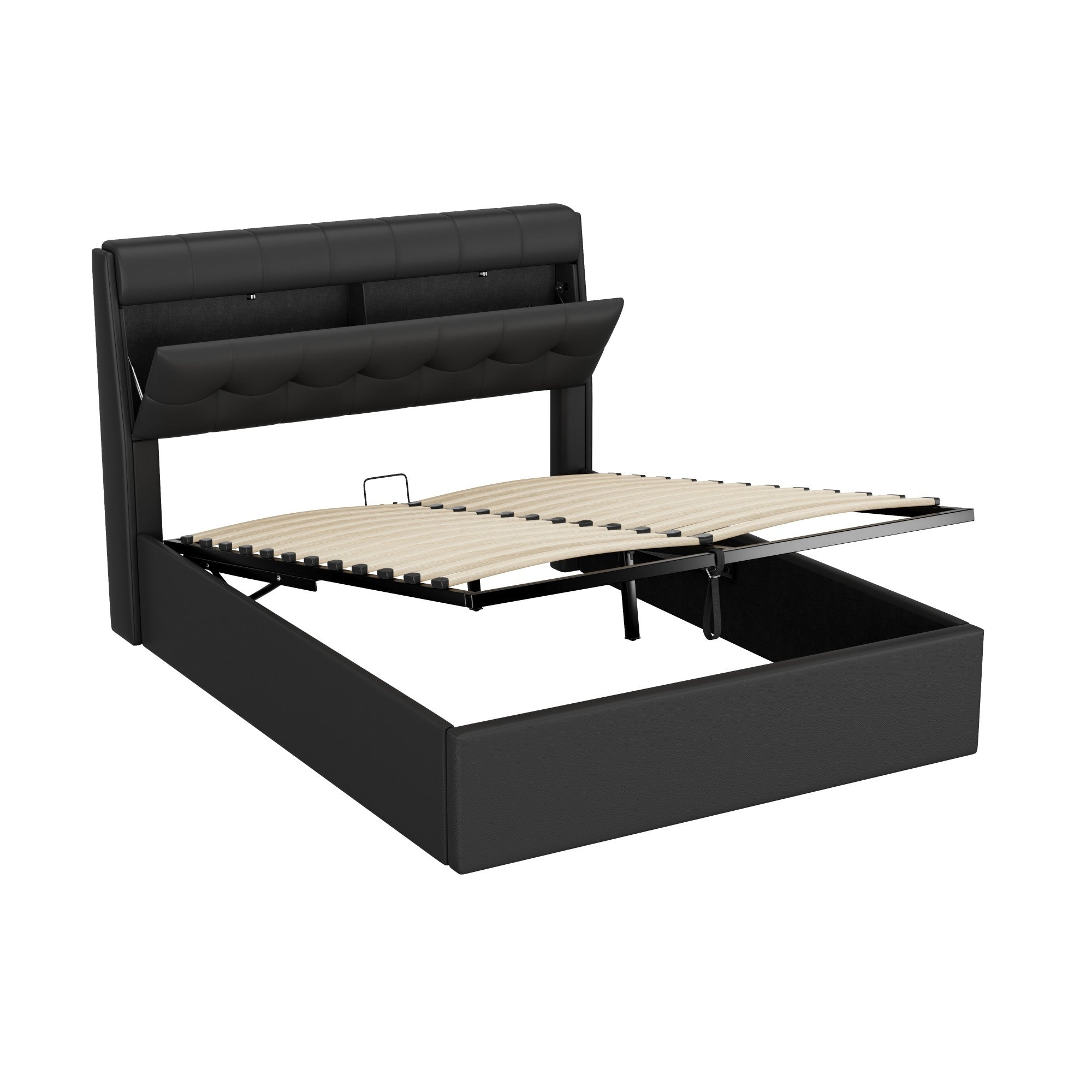 PU Upholstered Bed with Hydraulic Storage and Slatted Base, Black