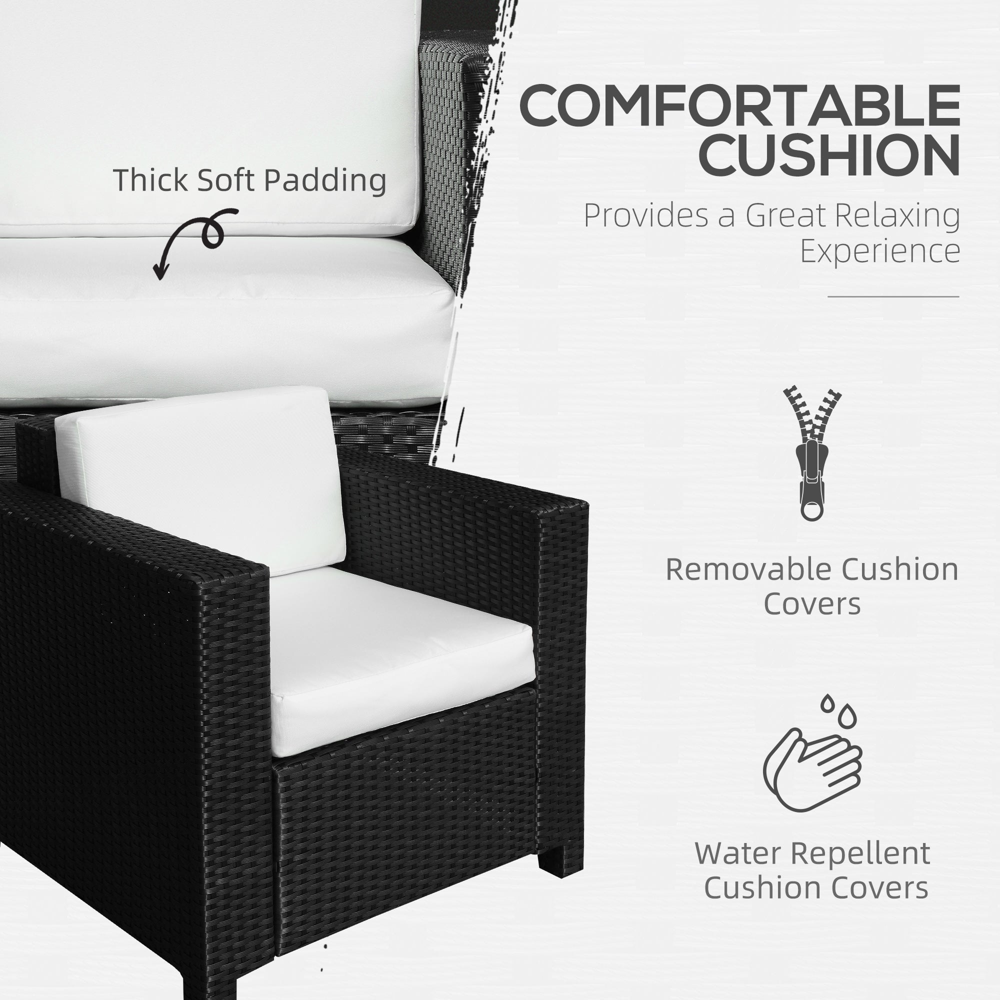 Single Seater Rattan Chair Sofa 10cm Padded Cushion All-Weather PE Wicker, Black