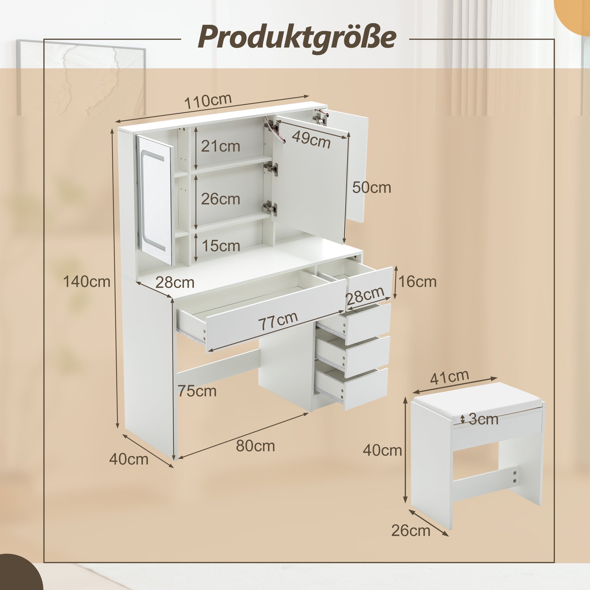 Dressing Table Vanity with Mirror, Drawer, LED Lighting