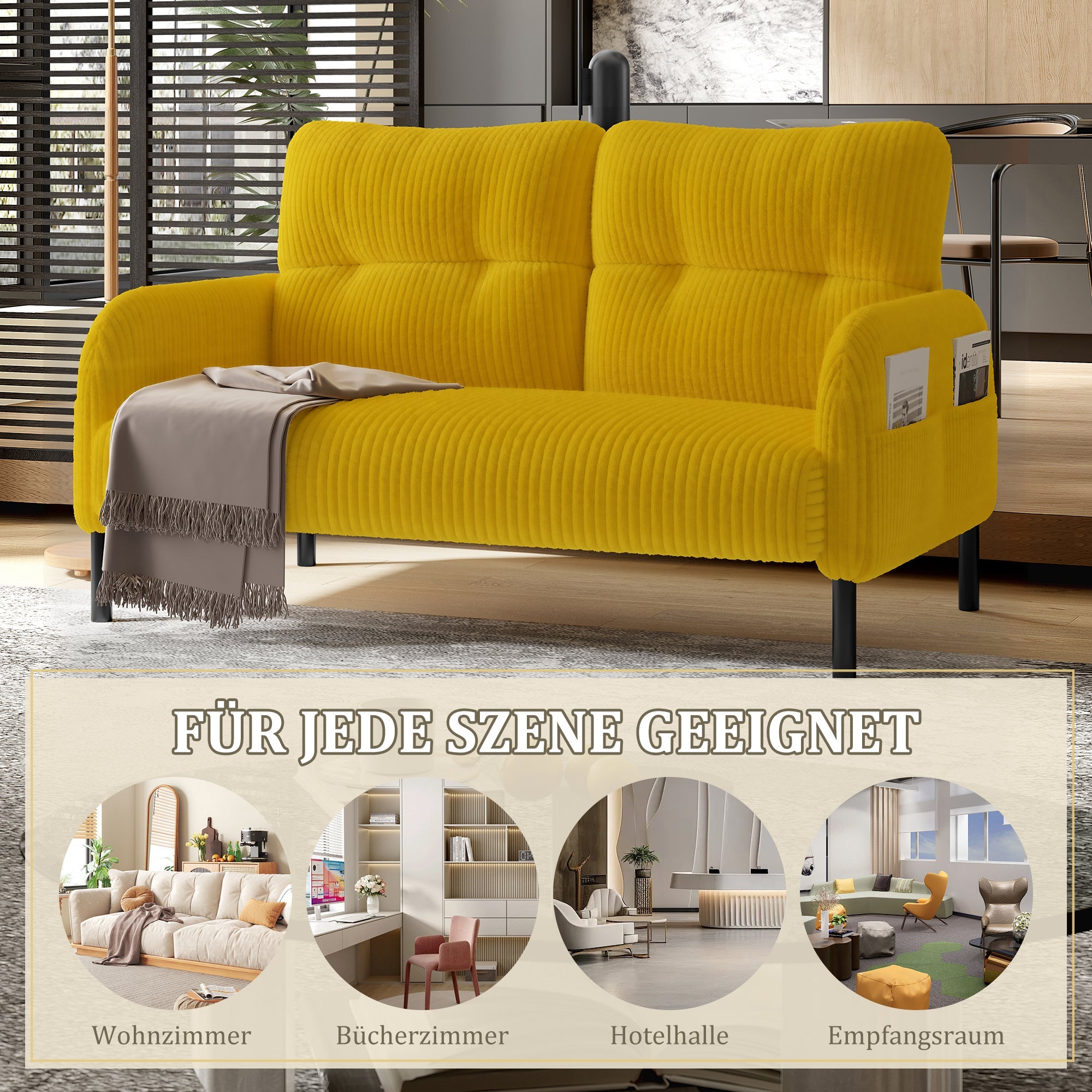 Corduroy Two-Seater Sofa Comfort Padding High Backrest Side Pockets Metal Feet, Corduroy Fabric