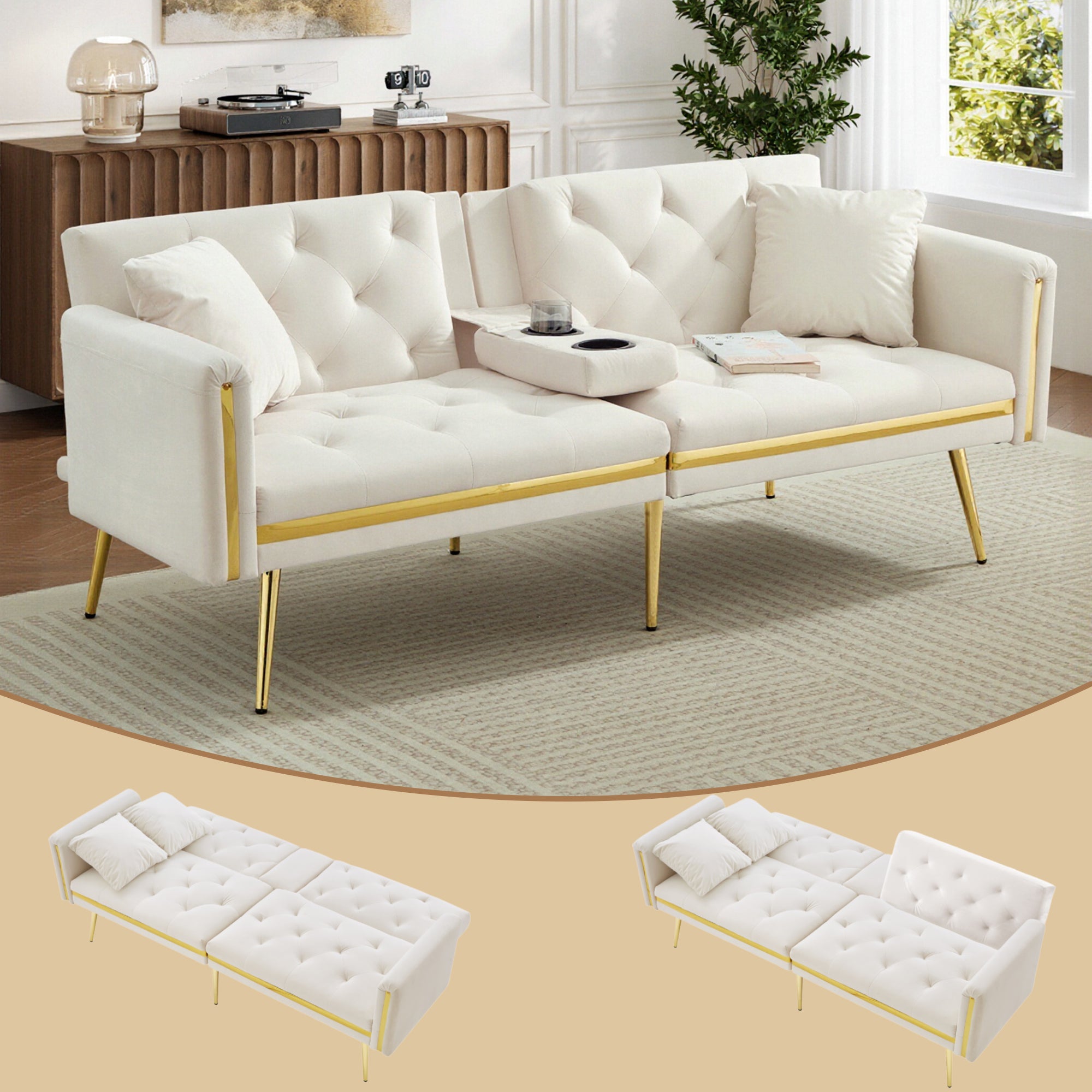 Two-seater Sofa Bed, Adjustable Backrest and Cup Holders, Velvet