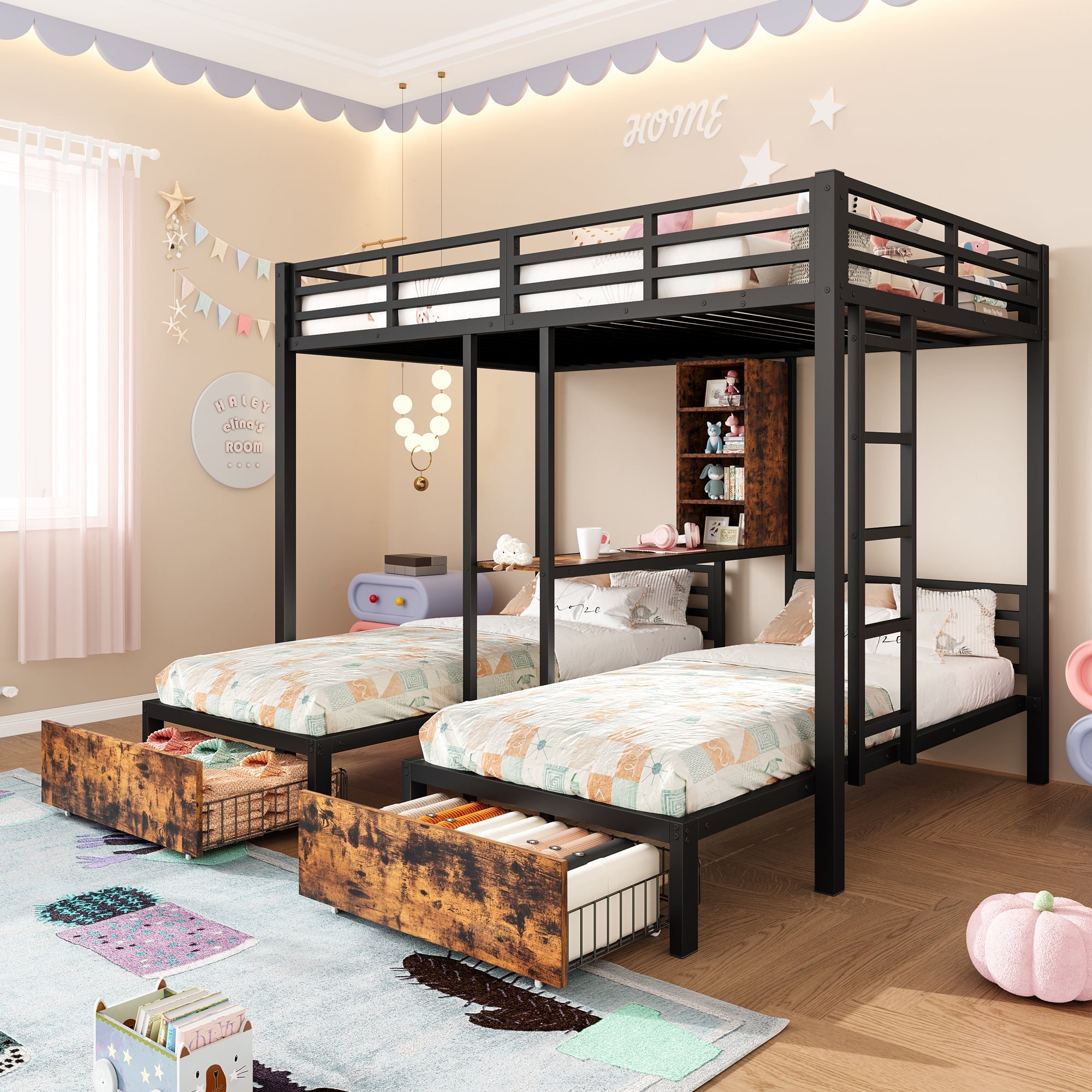 Bunk Bed Triple Sleeper 140x200/90x200cm with Storage Drawers and Shelves Black