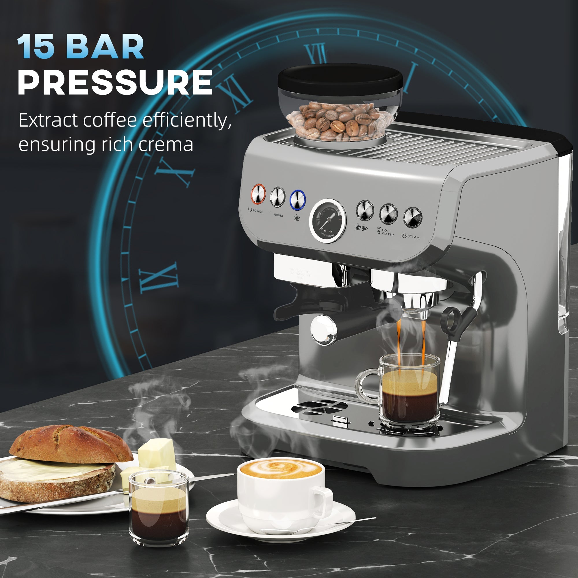 15 Bar Coffee Machine, Adjustable Grind Steamer, Silver