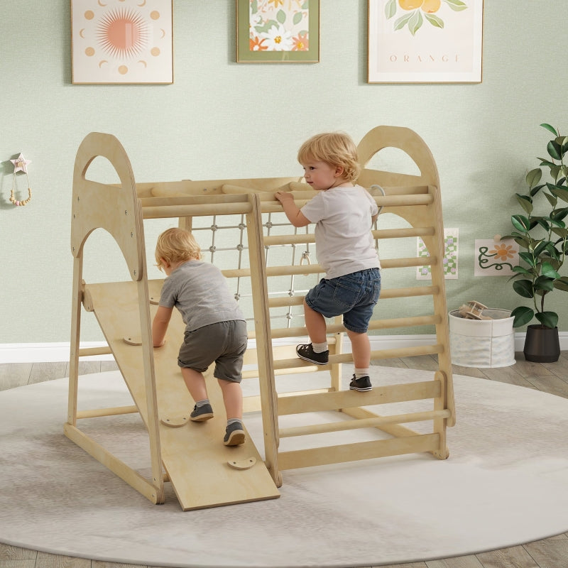 Indoor Climbing Frame 6-in-1 Slide Wall Net Ages 3-6 - Wood