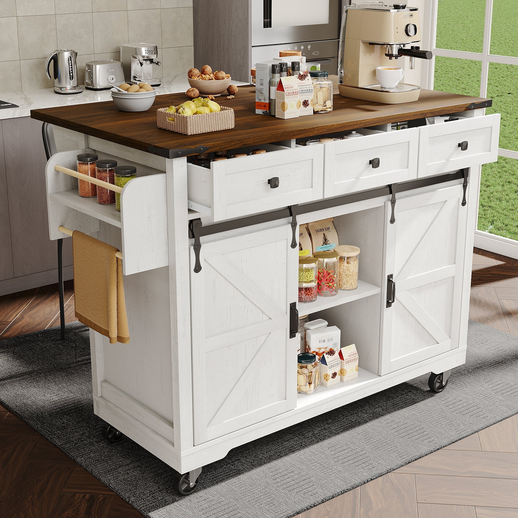 Kitchen Island Serving Cart with Extendable Worktop and 3 Drawers, Wood Grain