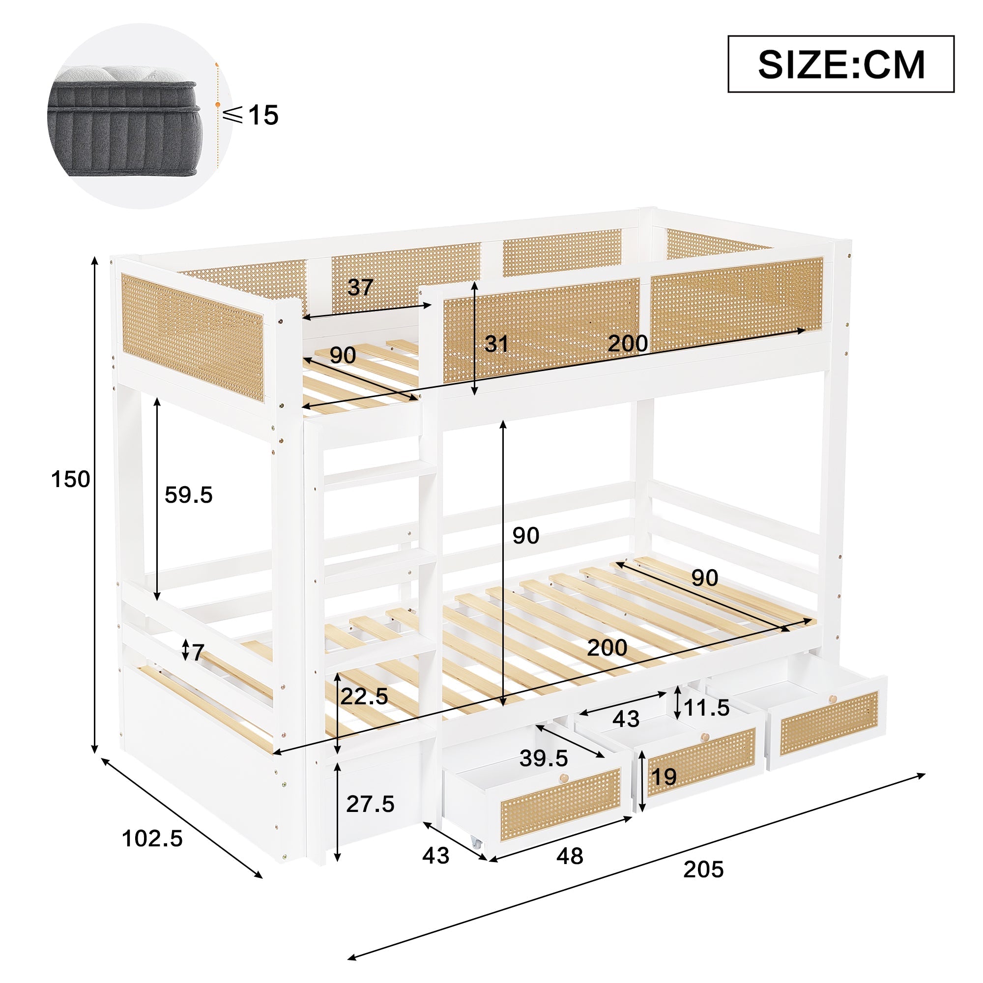Bunk Bed, Rattan Fence with Drawers & Safe Rails, Pine + MDF + Plywood, White + Natural, 90x200cm