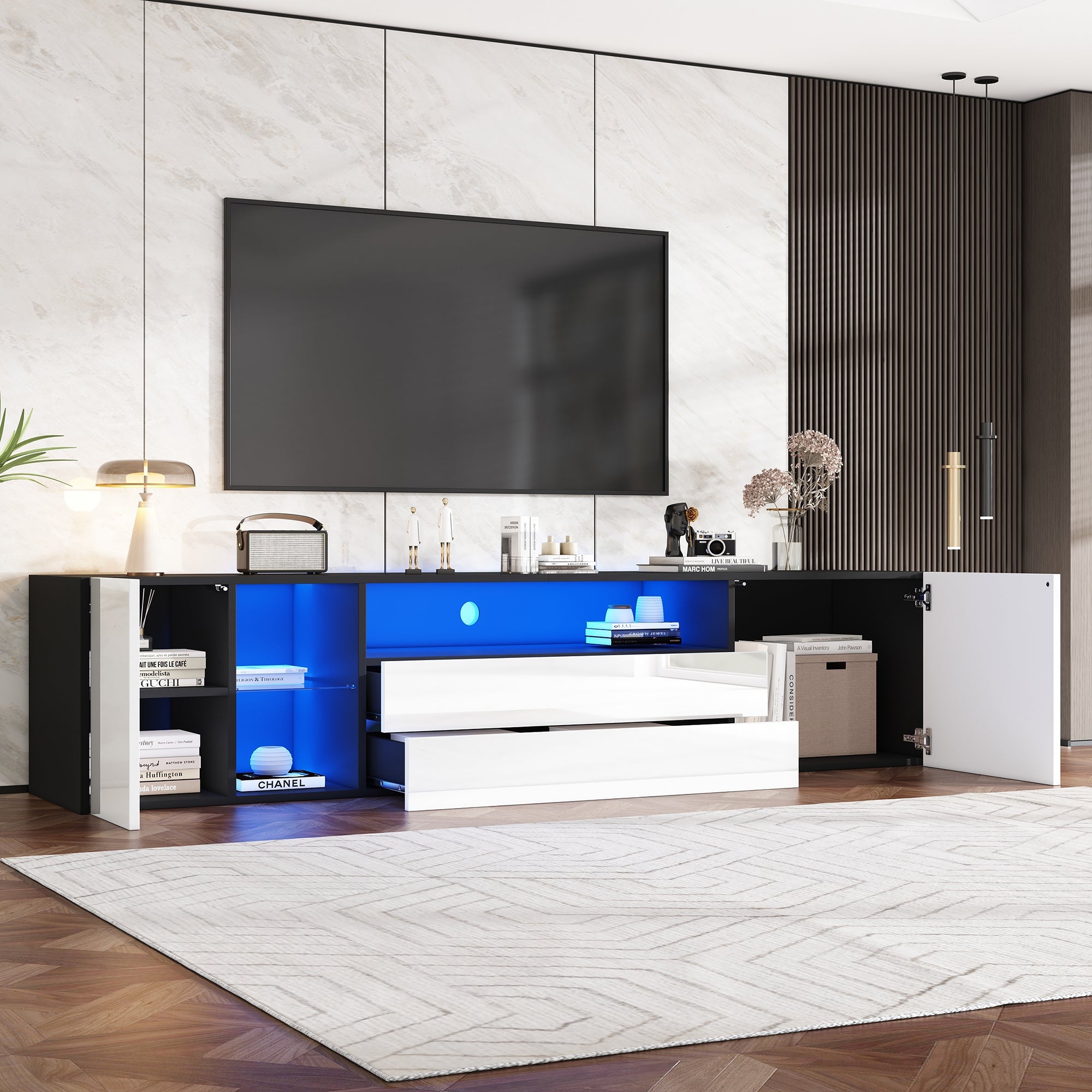 TV Stand Cabinet, 180x40x45cm LED Lowboard with 2 Drawers & 2 Cabinets for 75-inch TVs, Black and White