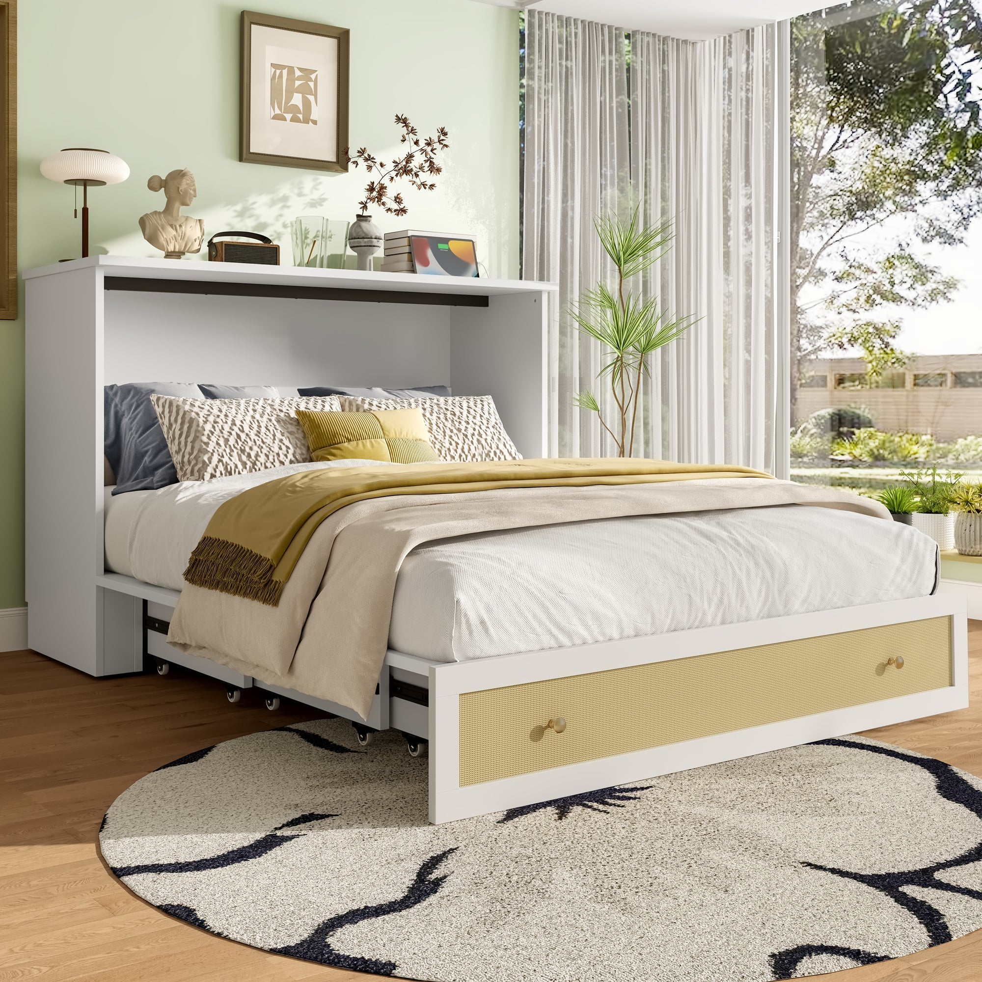 Murphy Bed with USB and Power Outlet, Convertible Platform Bed 140 x 200, White