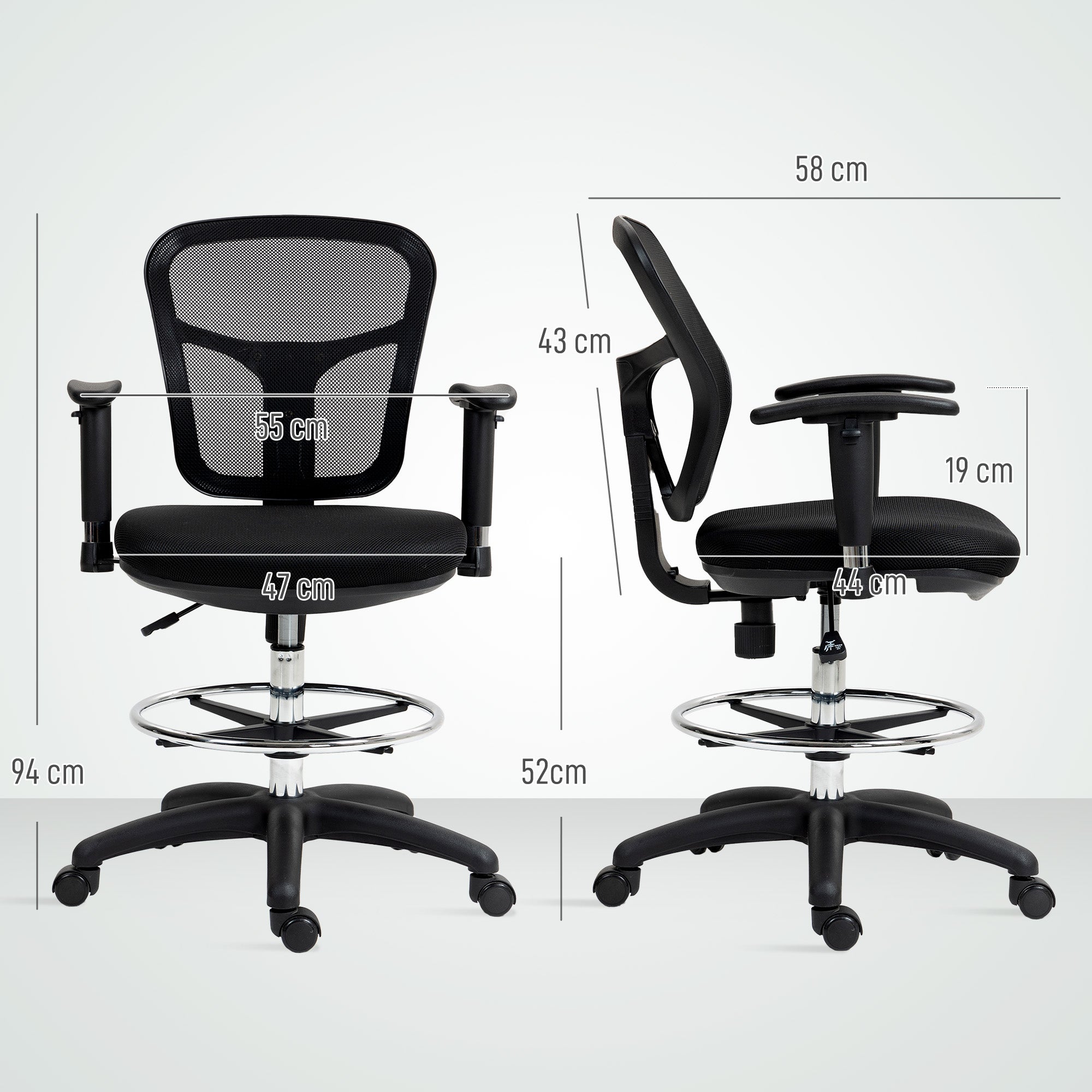 Drafting Chair Adjustable Armrests Ergonomic Mesh Black